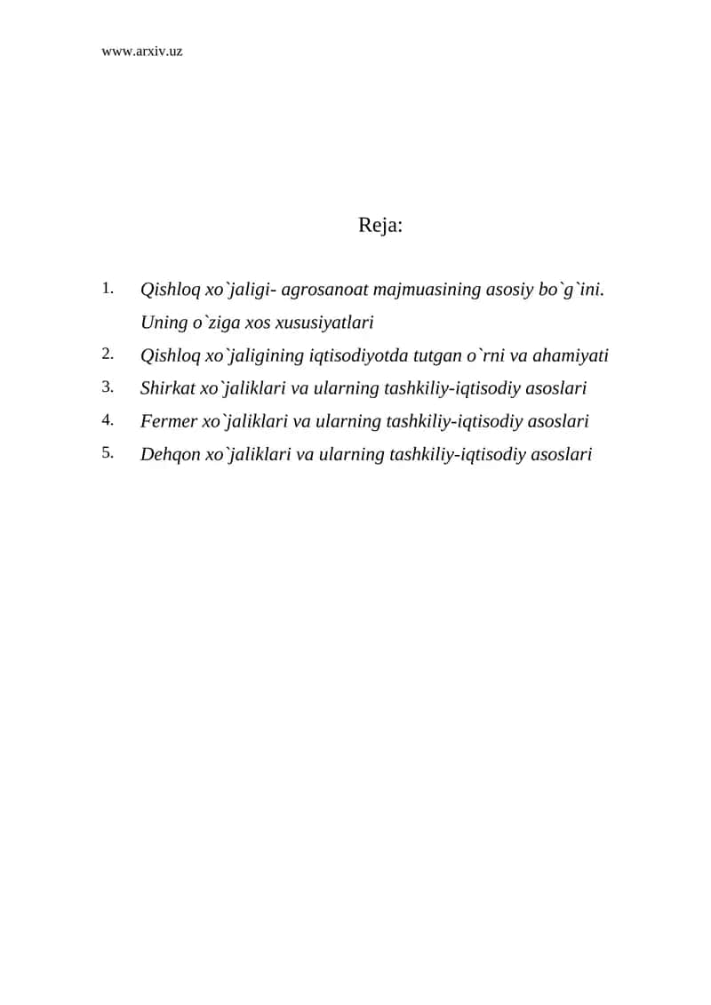 Qishloq xo`jaligi- agrosanoat majmuasining asosiy bo`g`i