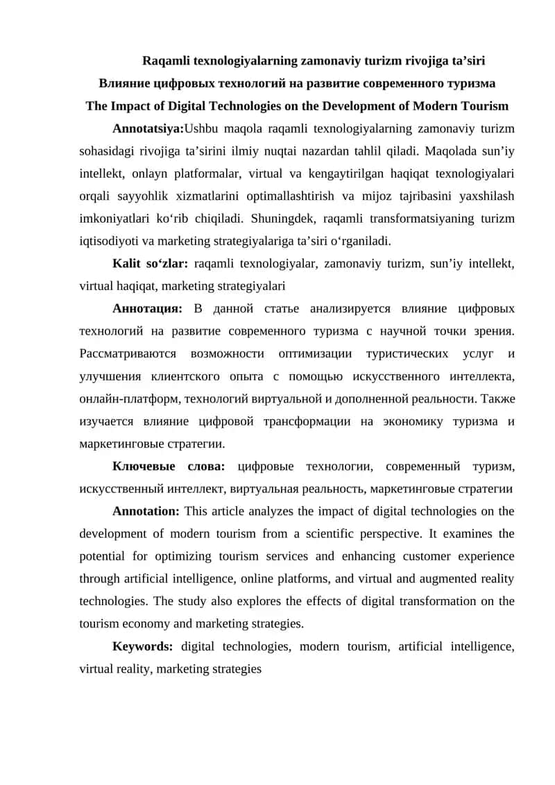 Raqamli texnologiyalarning zamonaviy turizm rivojiga ta’siri