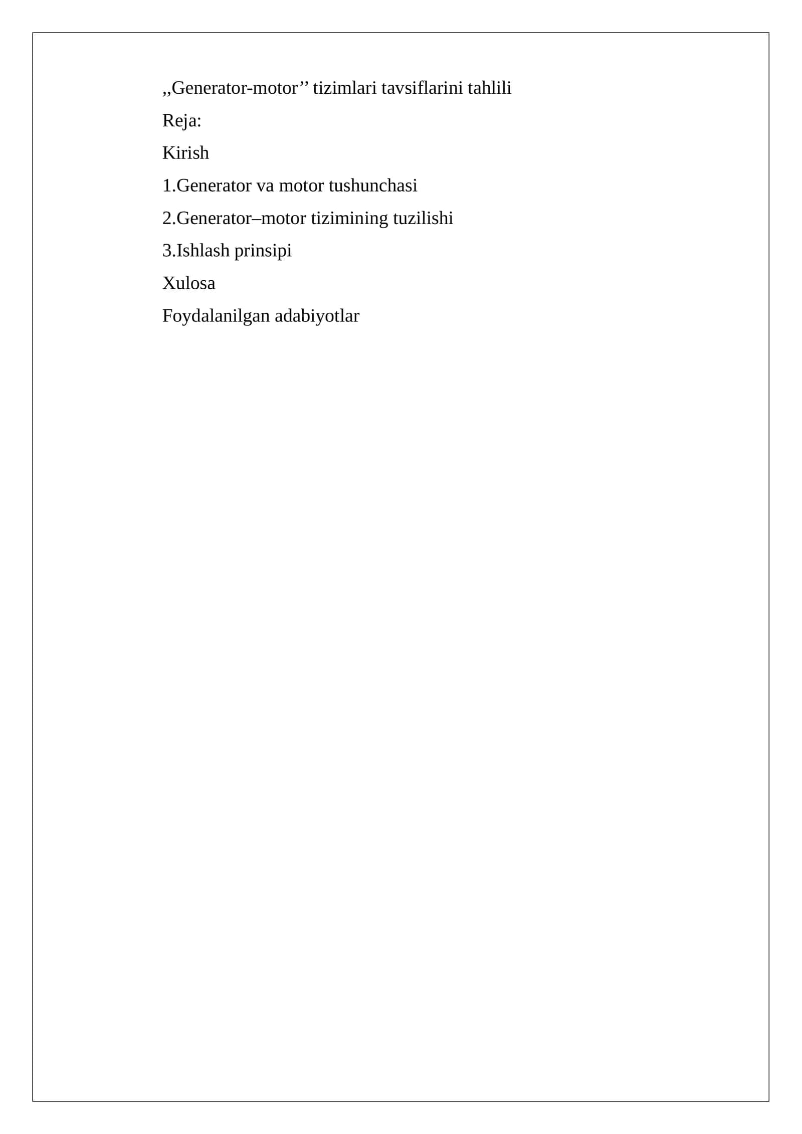 Generator–motor tizimlari tavsiflarini tahlili