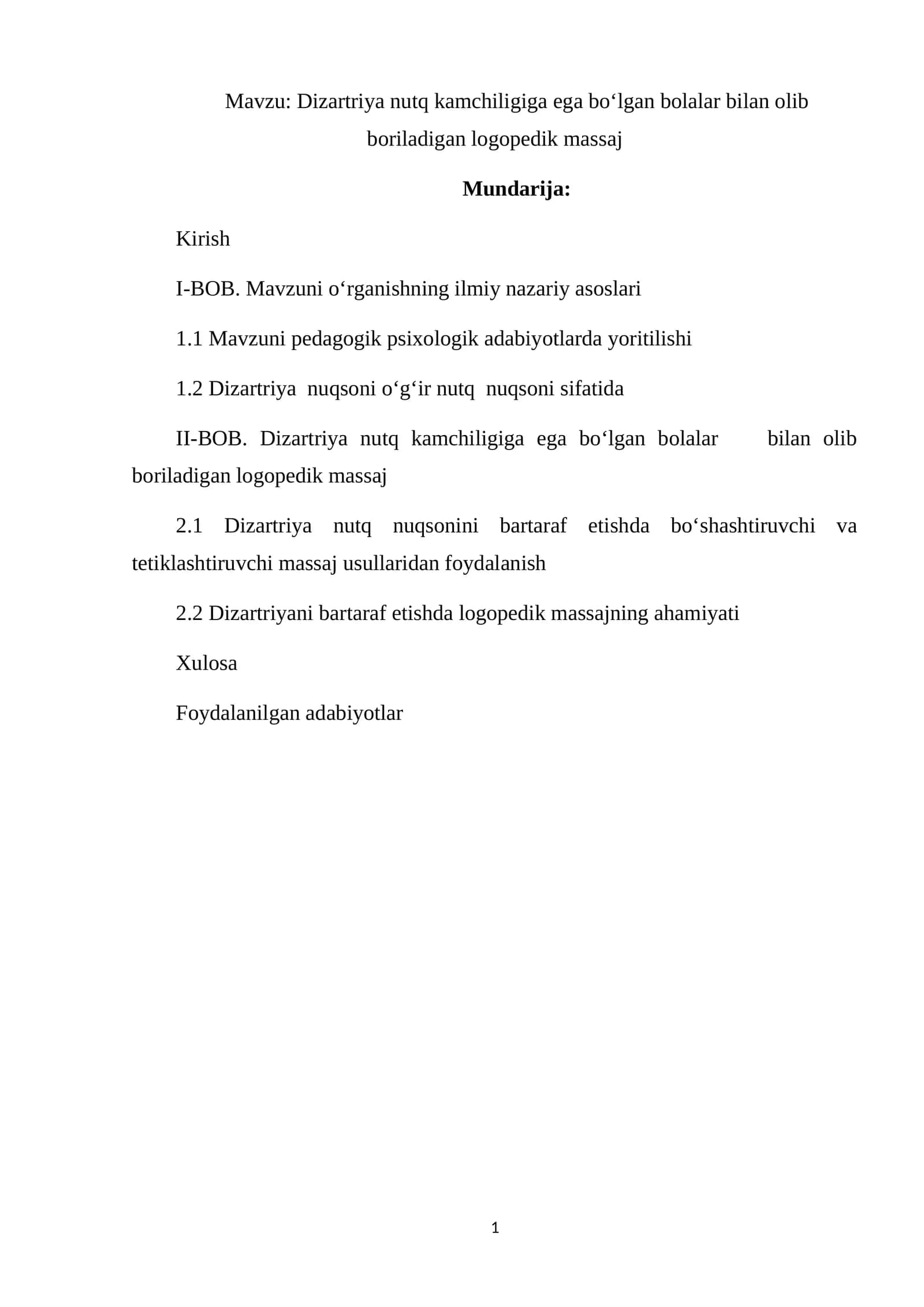 Dizartriya nutq kamchiligiga ega boʻlgan bolalar bilan olib boriladigan logopedik massaj