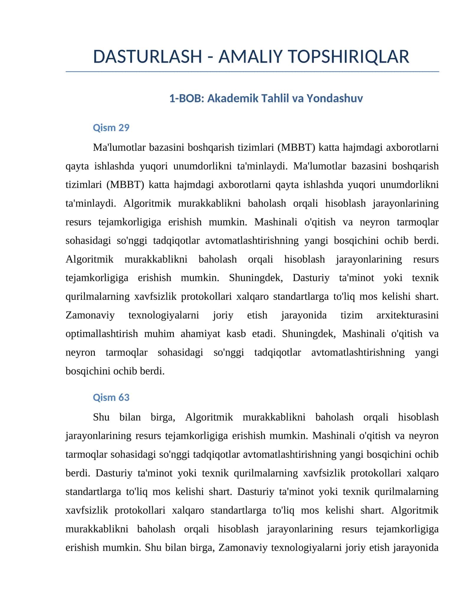 DASTURLASH - AMALIY TOPSHIRIQLAR