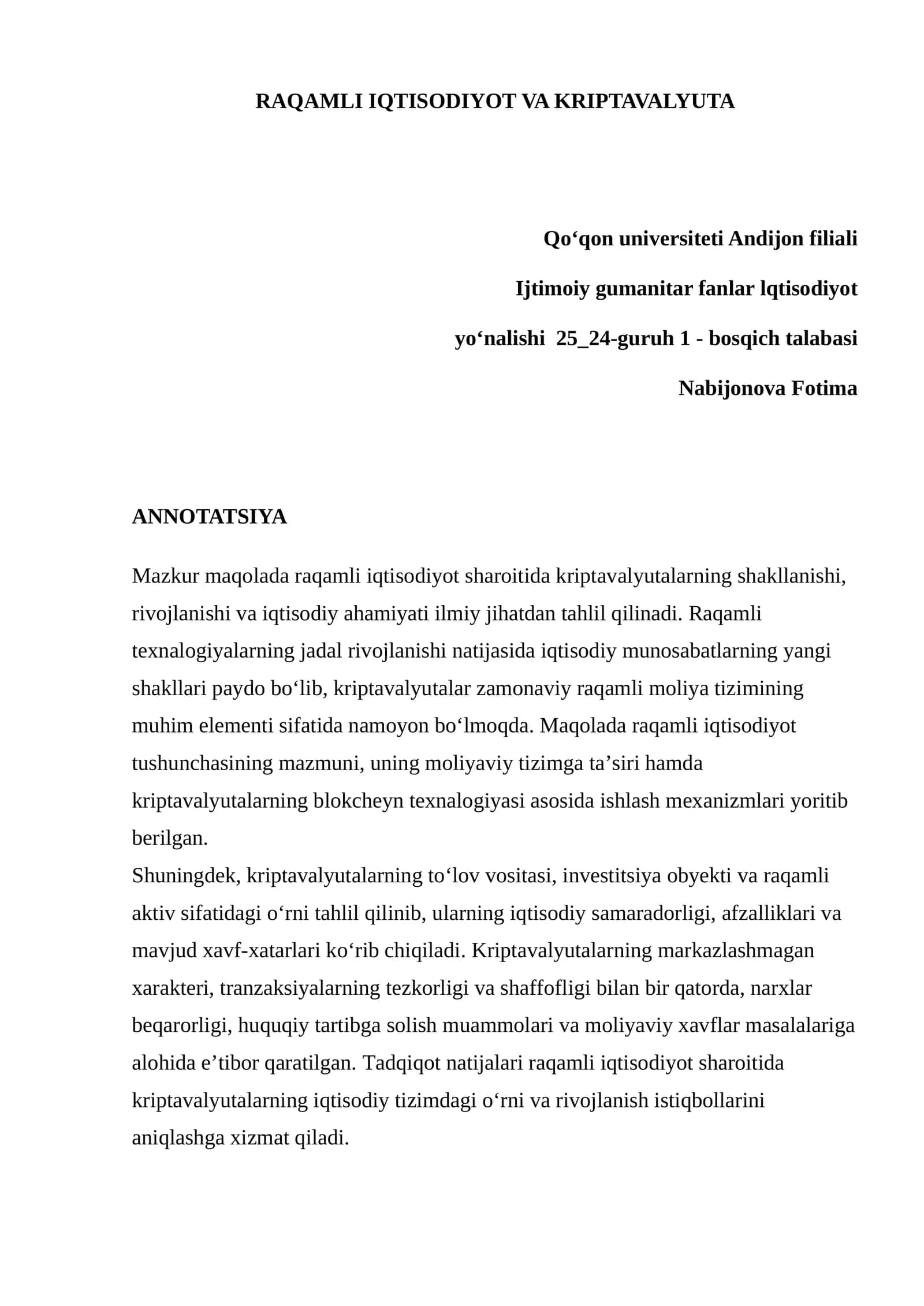 RAQAMLI IQTISODIYOT VA KRIPTAVALYUTA