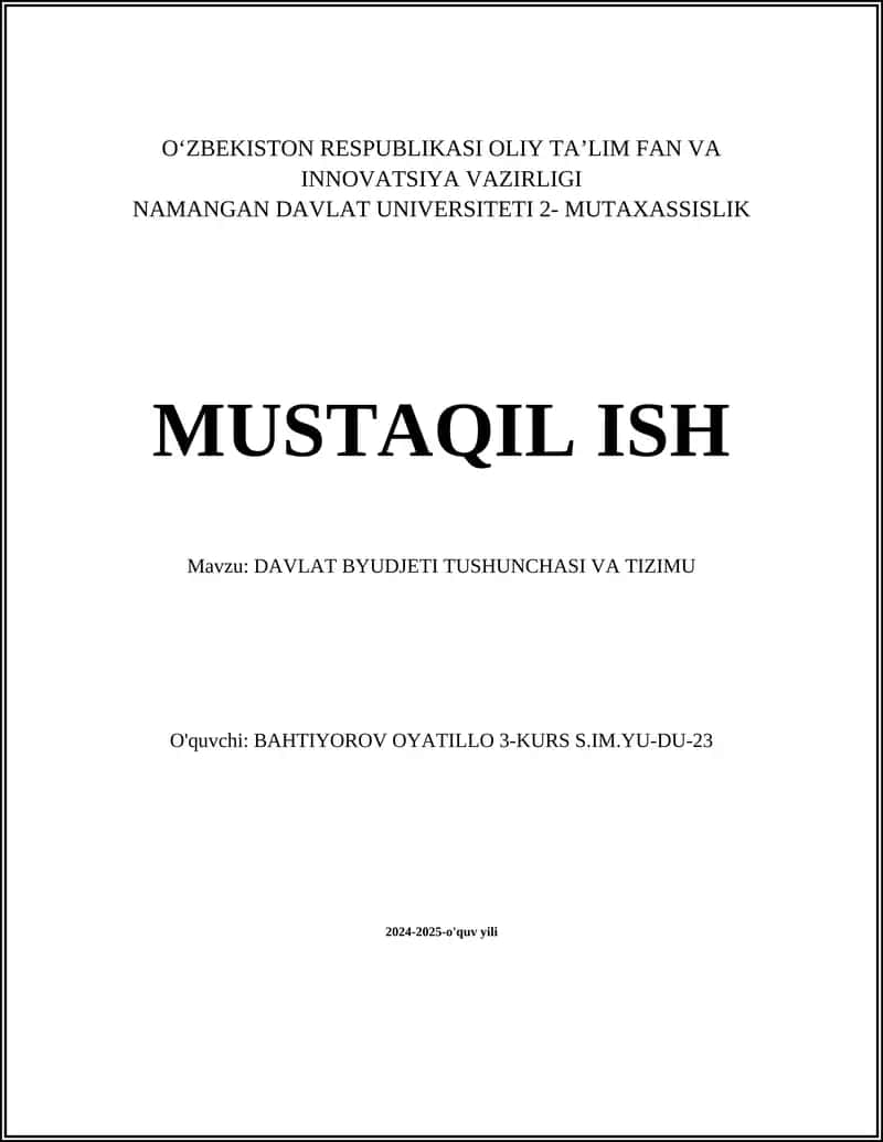 DAVLAT BYUDJETI TUSHUNCHASI VA TIZIMU