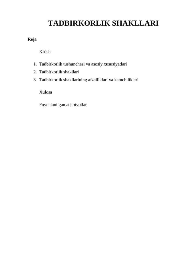 TADBIRKORLIK SHAKLLARI