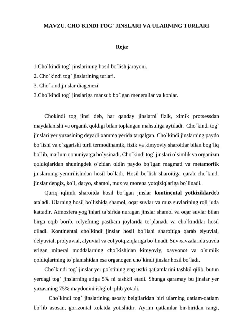 CHO`KINDI TOG` JINSLARI VA ULARNING TURLARI