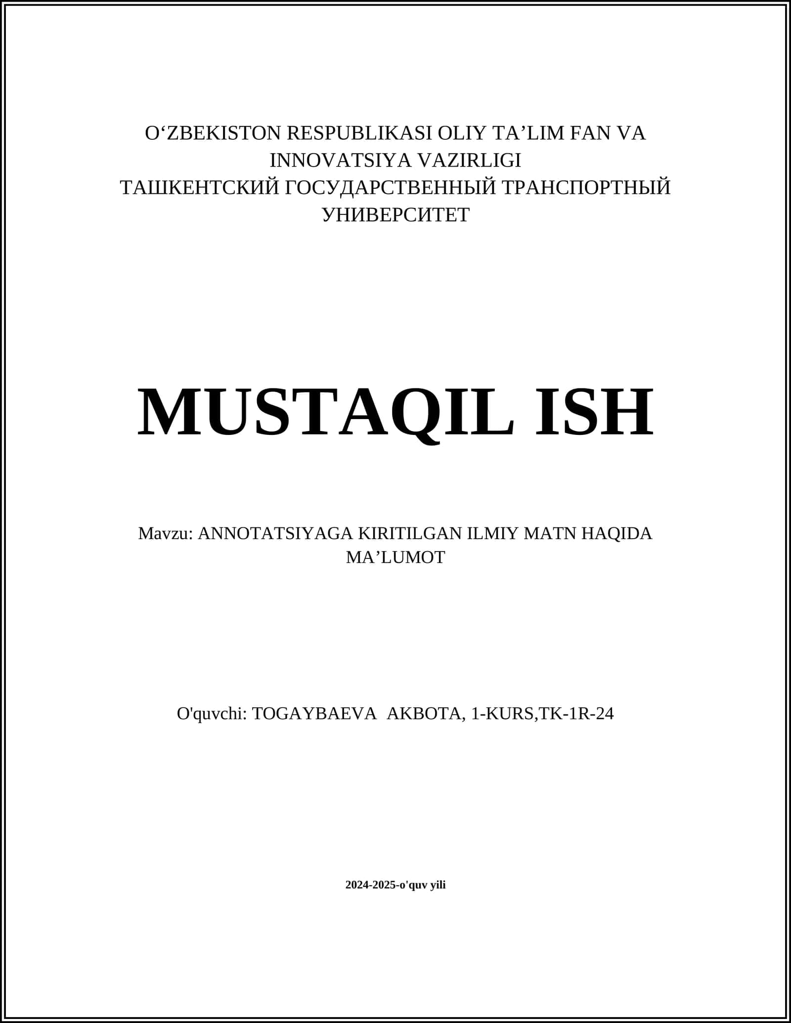 ANNOTATSIYAGA KIRITILGAN ILMIY MATN HAQIDA MA’LUMOT