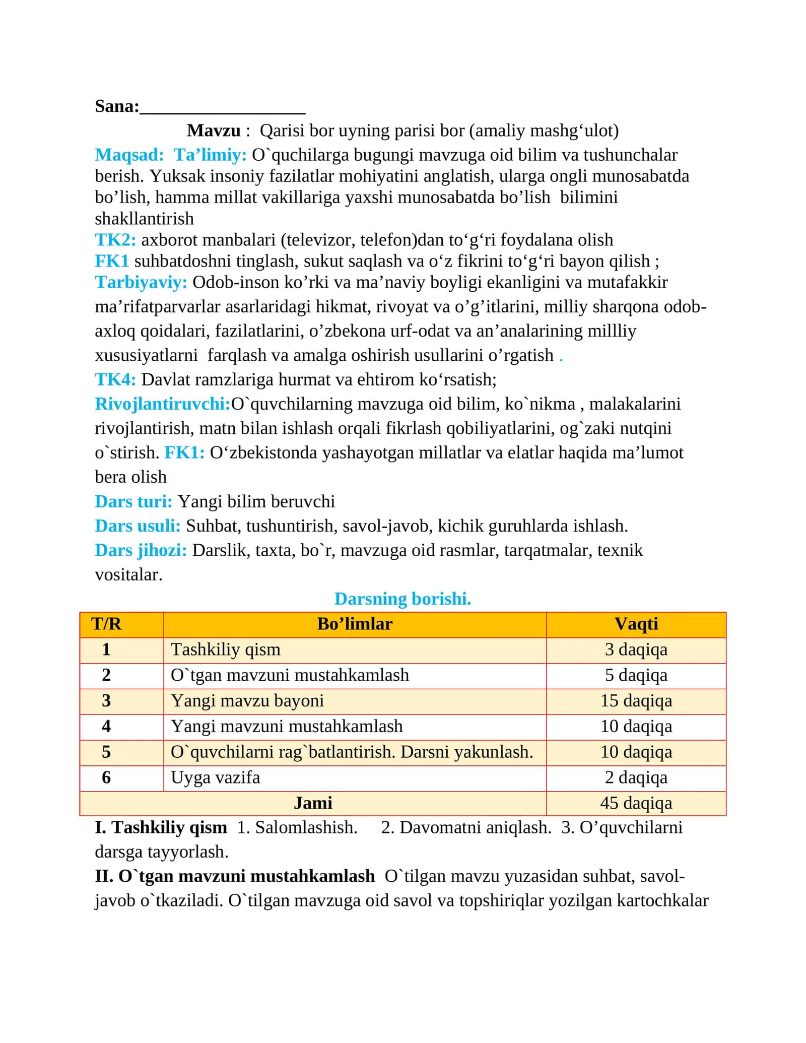 2-sinf Tarbiya Qarisi bor uyning parisi bor dars ishlanma