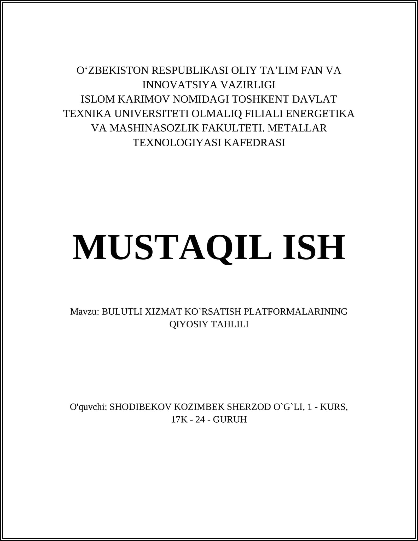 BULUTLI XIZMAT KO`RSATISH PLATFORMALARINING QIYOSIY TAHLILI