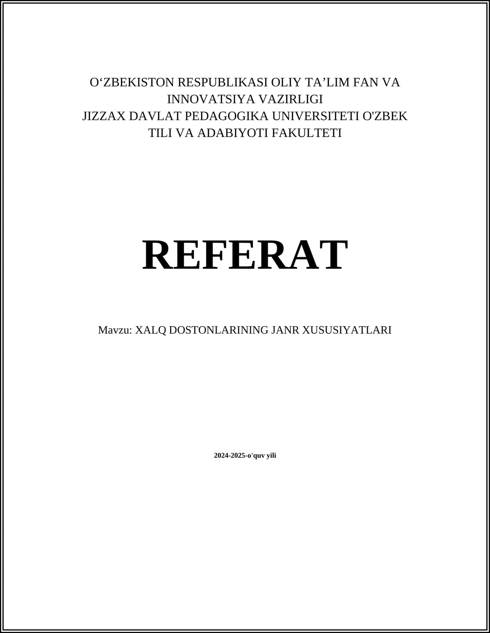 XALQ DOSTONLARINING JANR XUSUSIYATLARI