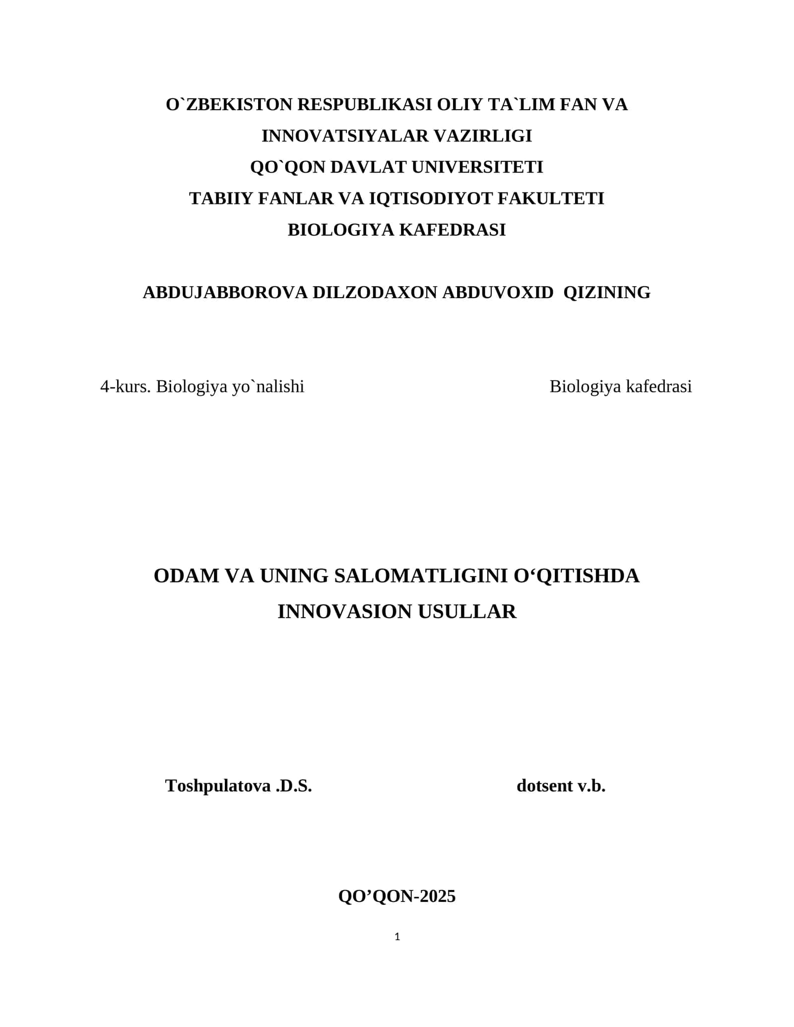 Odam va uning salomatligini o'qitishda innovatsion usullar