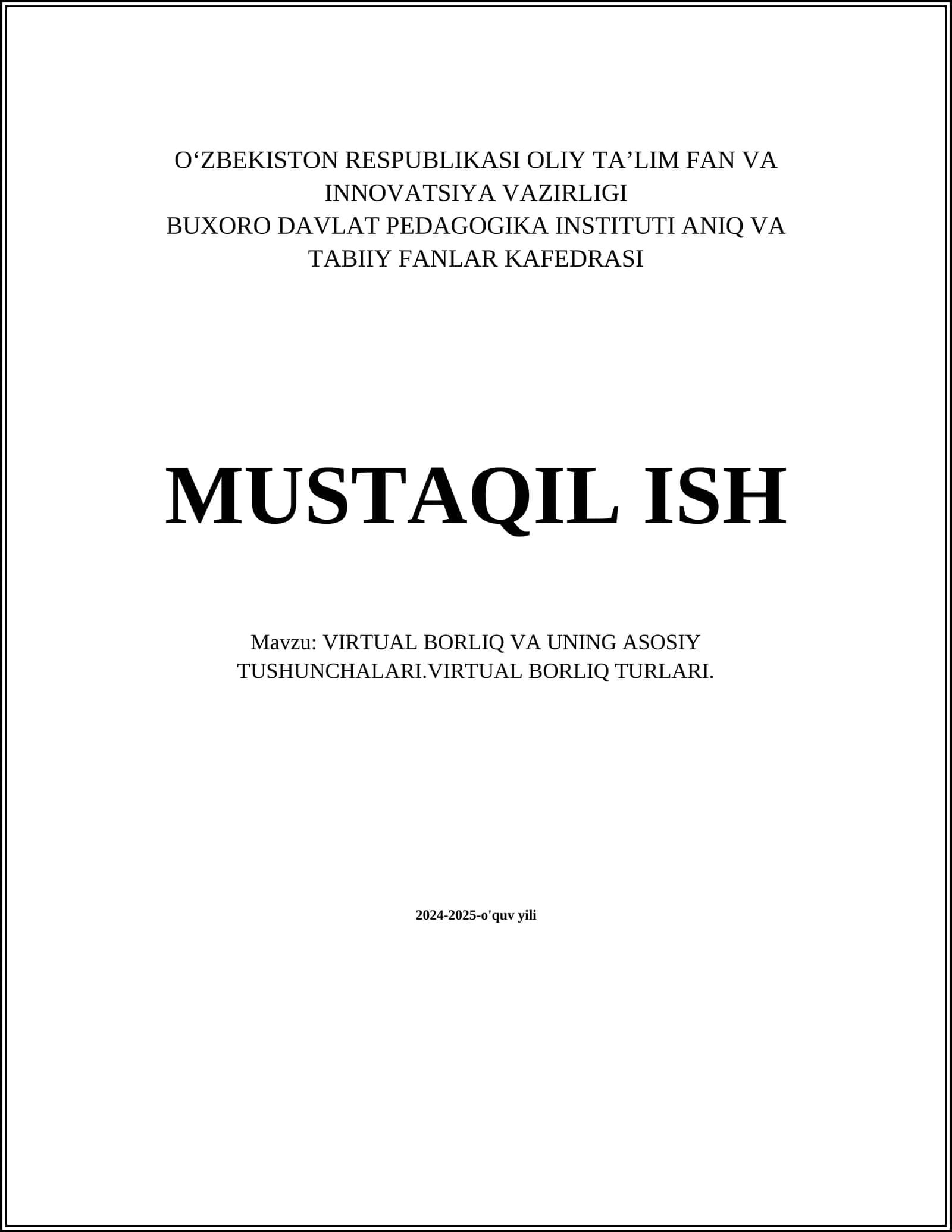 VIRTUAL BORLIQ VA UNING ASOSIY TUSHUNCHALARI