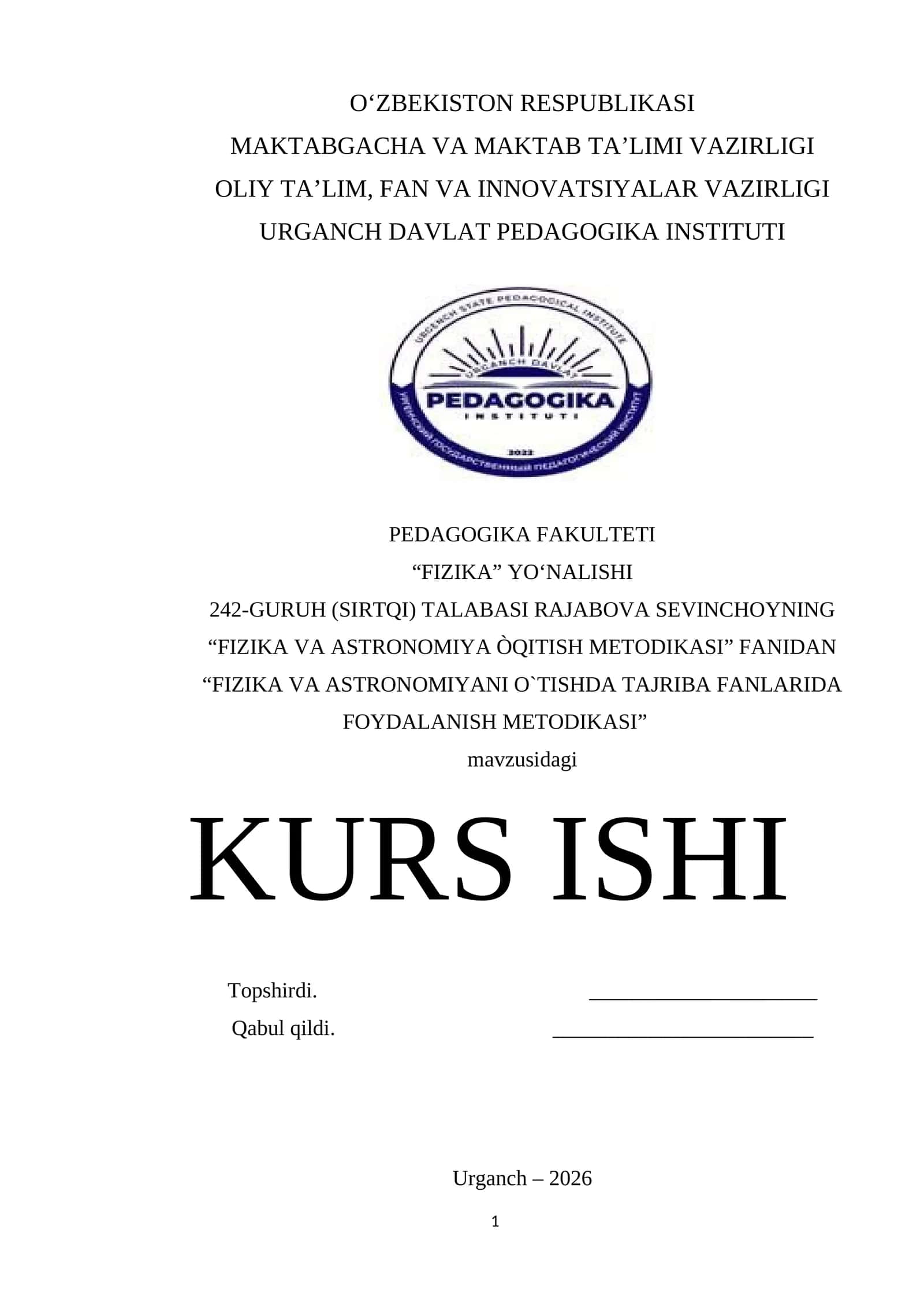 "FIZIKA VA ASTRONOMIYA ÒQITISH METODIKASI"