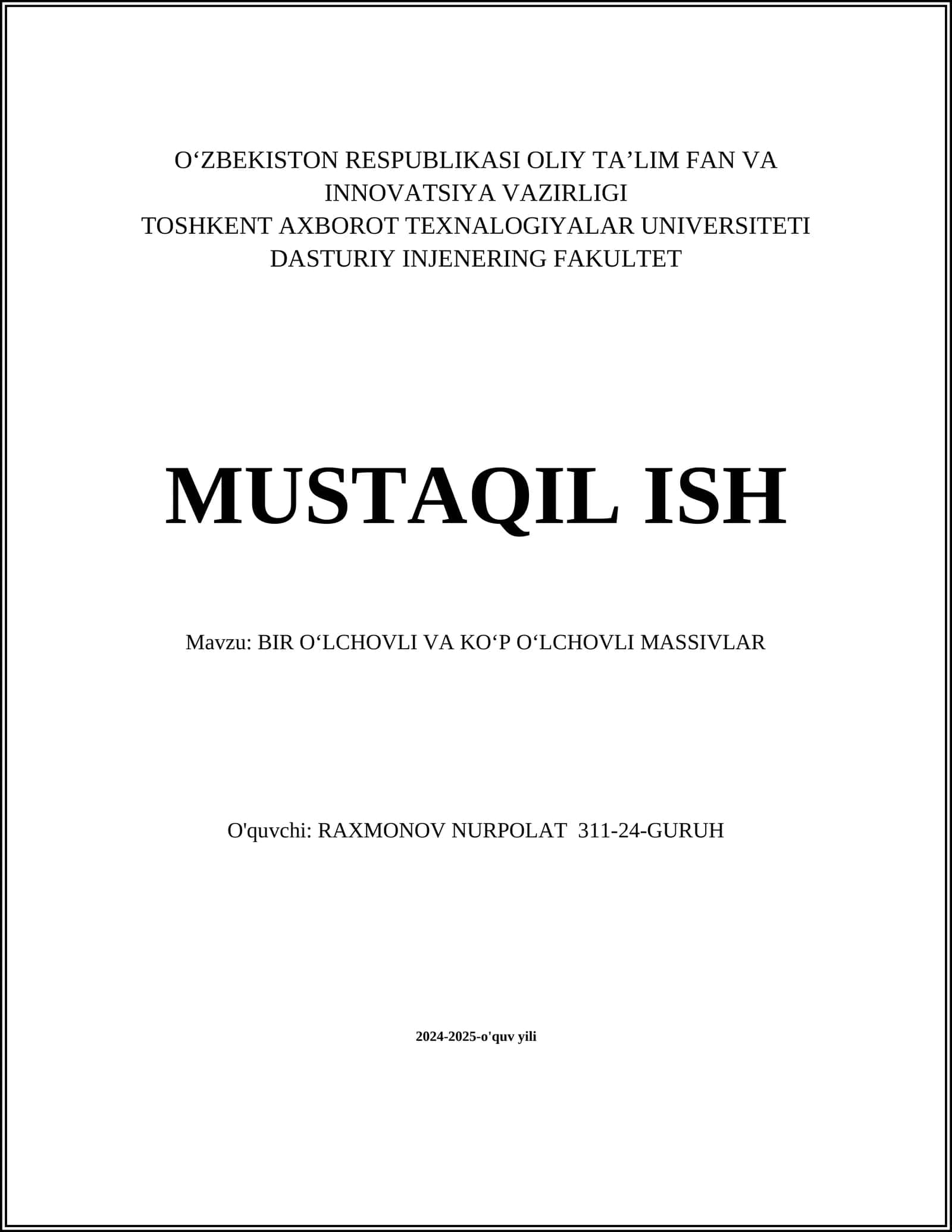 BIR O‘LCHOVLI VA KO‘P O‘LCHOVLI MASSIVLAR