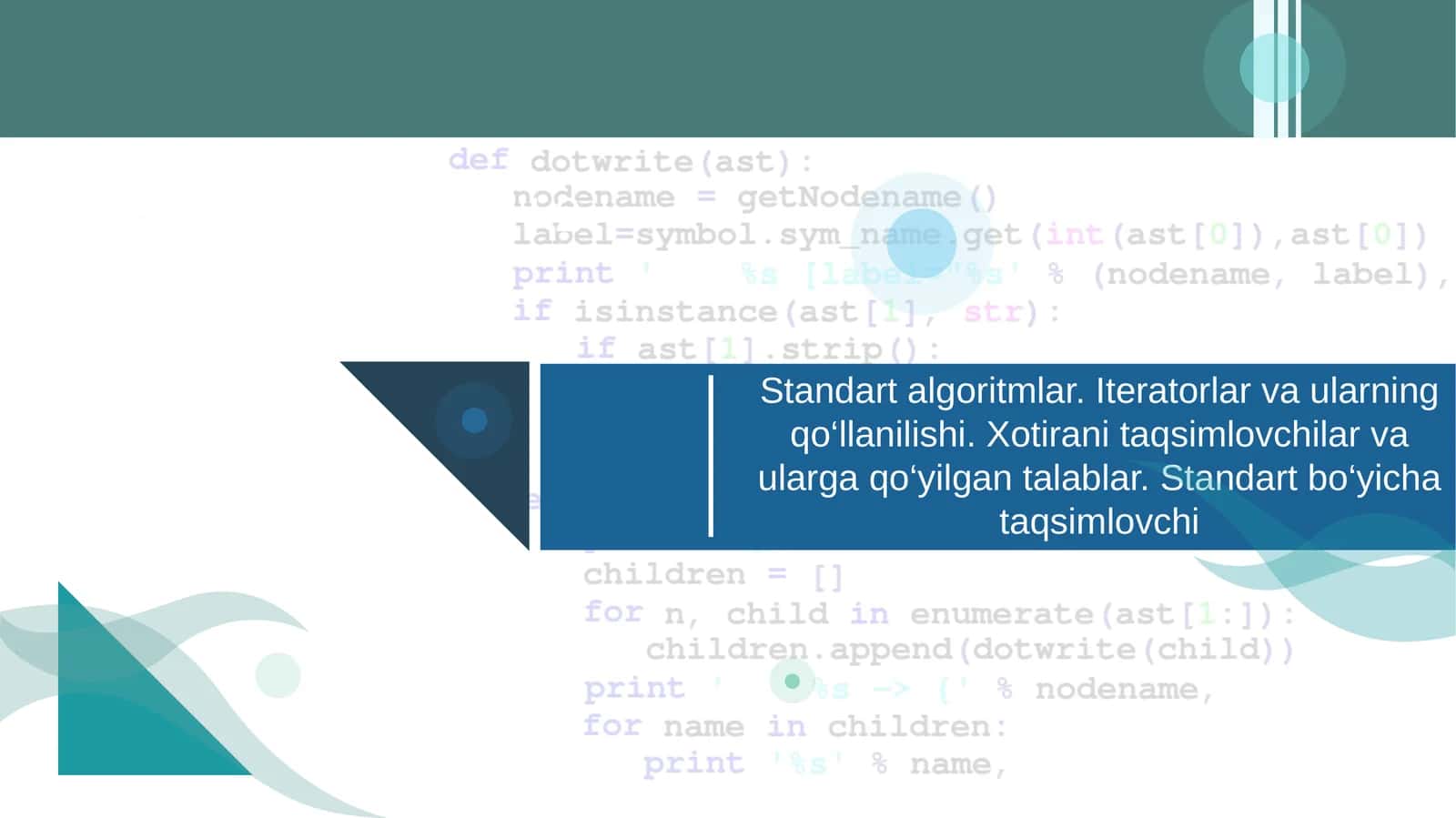 Standart algoritmlar. Iteratorlar va ularning qo‘llanilishi. Xotirani taqsimlovchilar va ularga qo‘yilgan talablar. Standart bo‘yicha taqsimlovchi