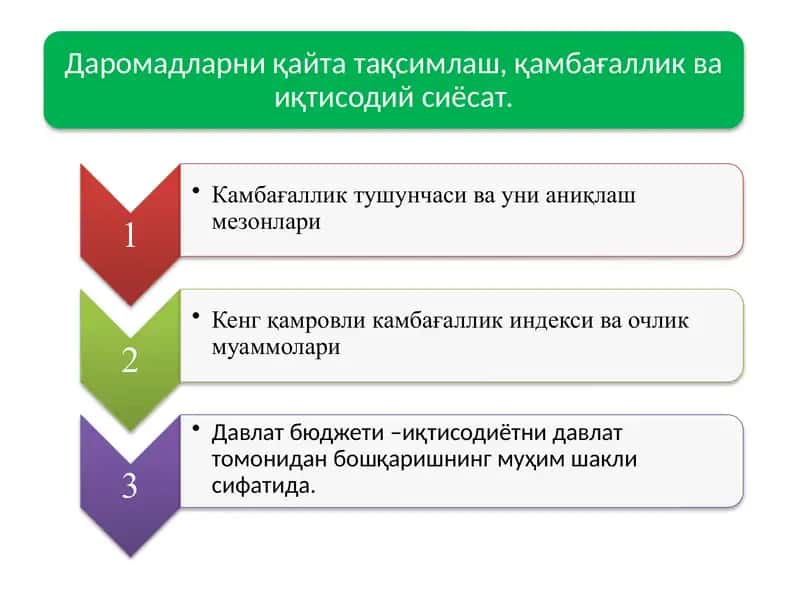 Даромадларни қайта тақсимлаш, қамбағаллик ва иқтисодий сиёсат.