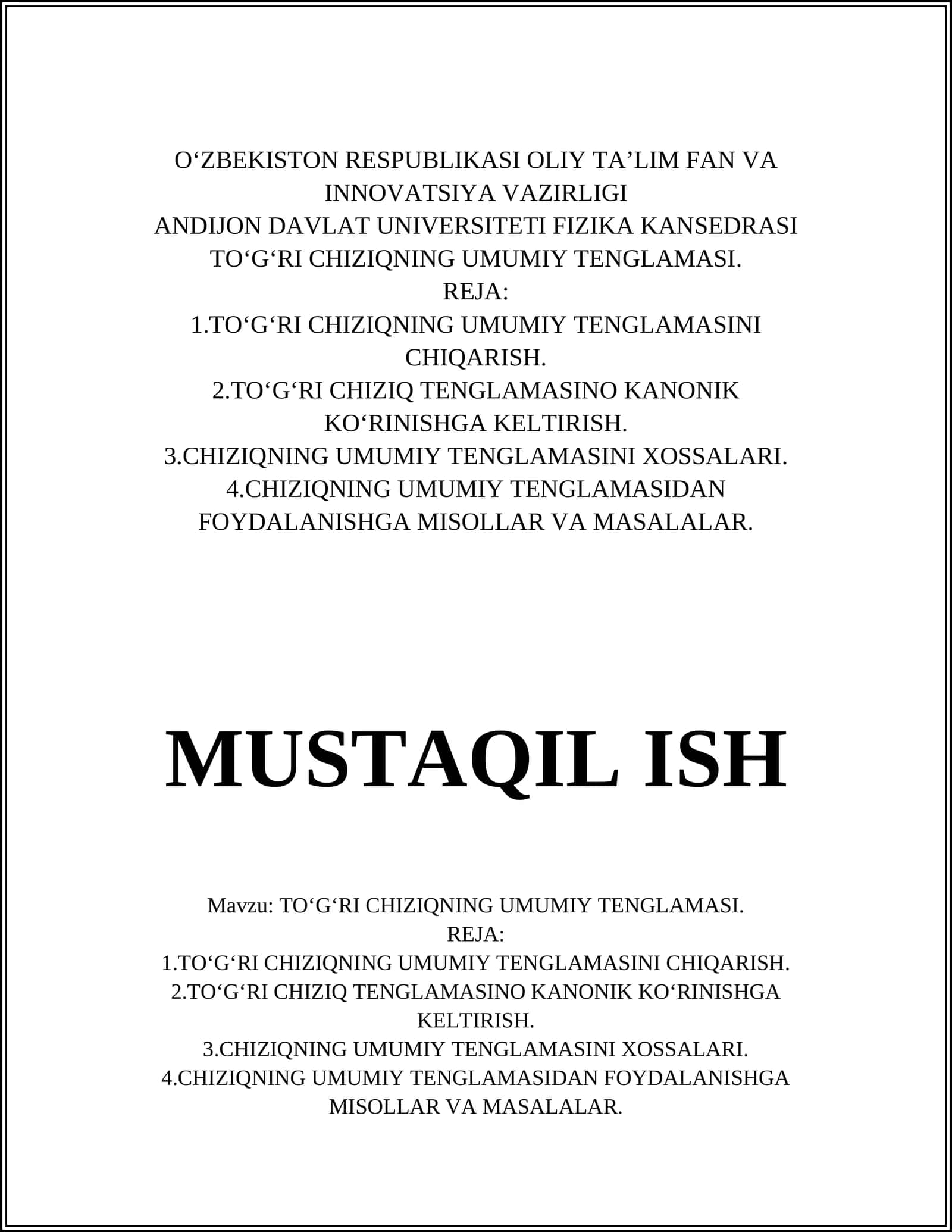 TO'G'RI CHIZIQNING UMUMIY TENGLAMASI