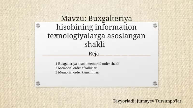 Buxgalteriyahisobining memorial-order shakli
