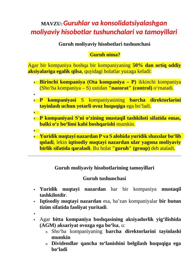 Guruhlar va konsolidatsiyalashgan moliyaviy hisobotlar tushunchalari va tamoyillari
