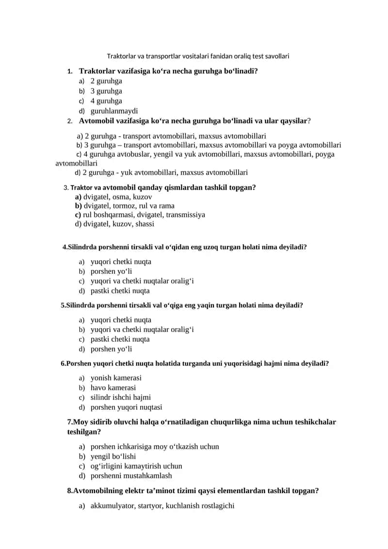 Traktorlar va transportlar vositalari fanidan oraliq test savollari