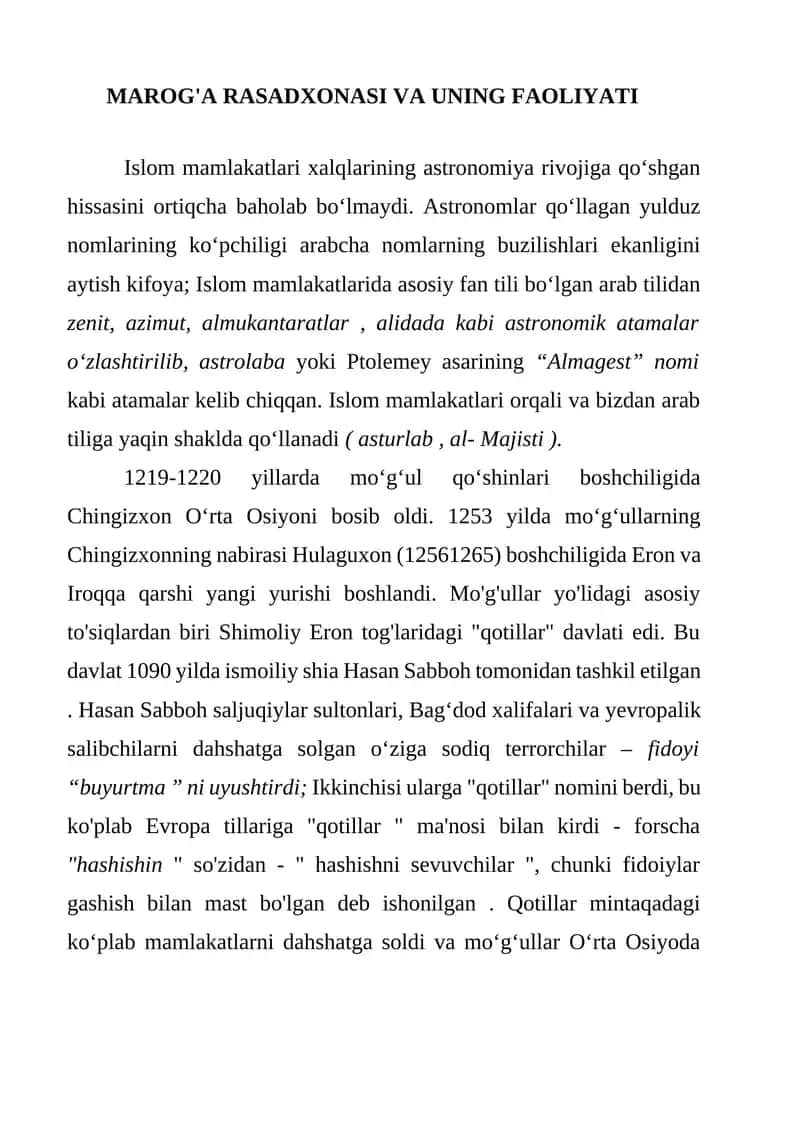 MAROG'A RASADXONASI VA UNING FAOLIYATI