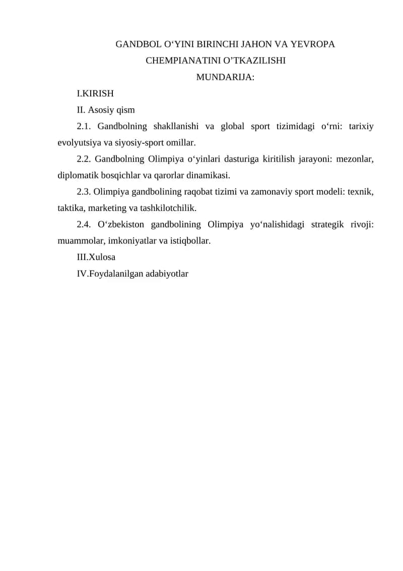GANDBOL OʻYINI BIRINCHI JAHON VA YEVROPA CHEMPIANATINI O’TKAZILISHI