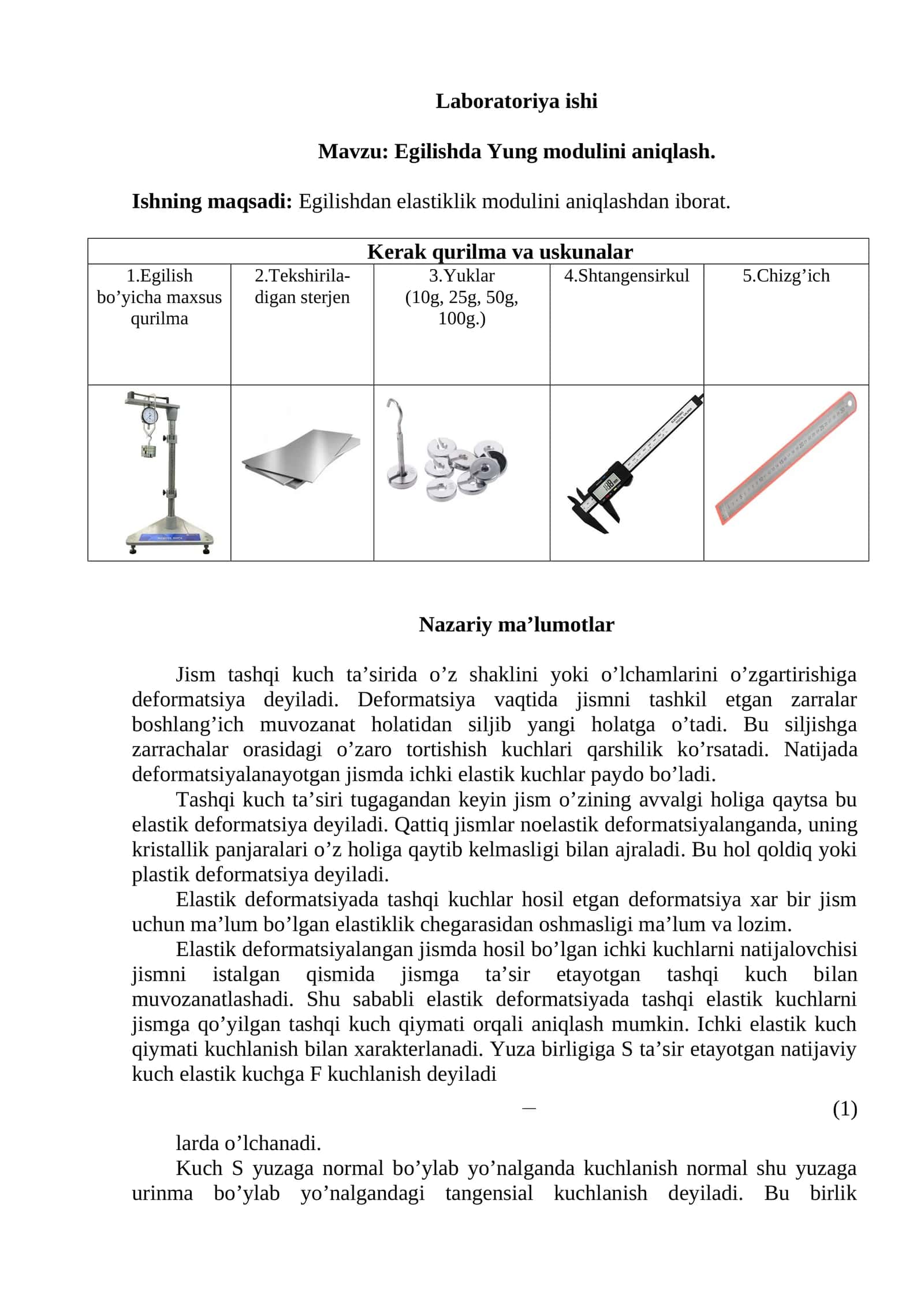 Egilishda Yung modulini aniqlash