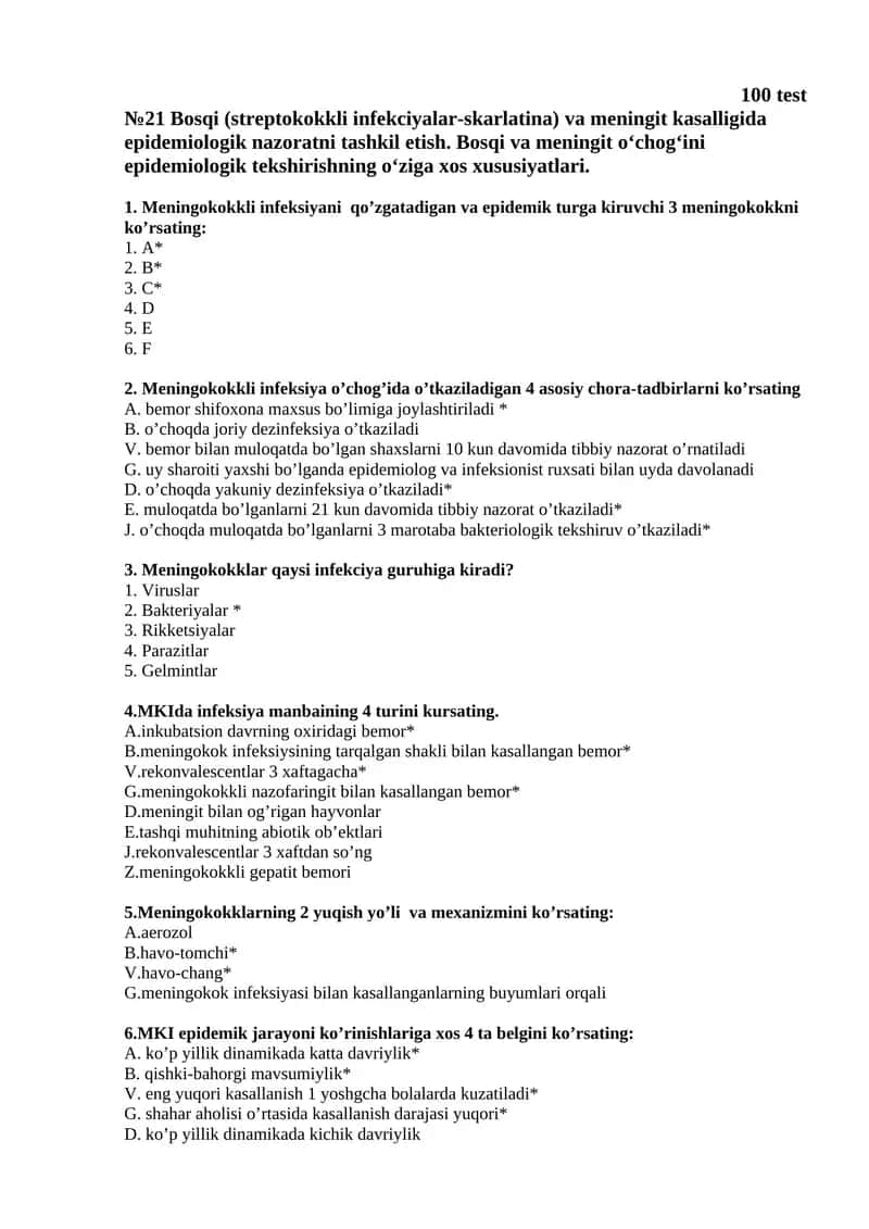 №21 Bosqi (streptokokkli infekciyalar-skarlatina) va meningit kasalligida epidemiologik nazoratni tashkil etish