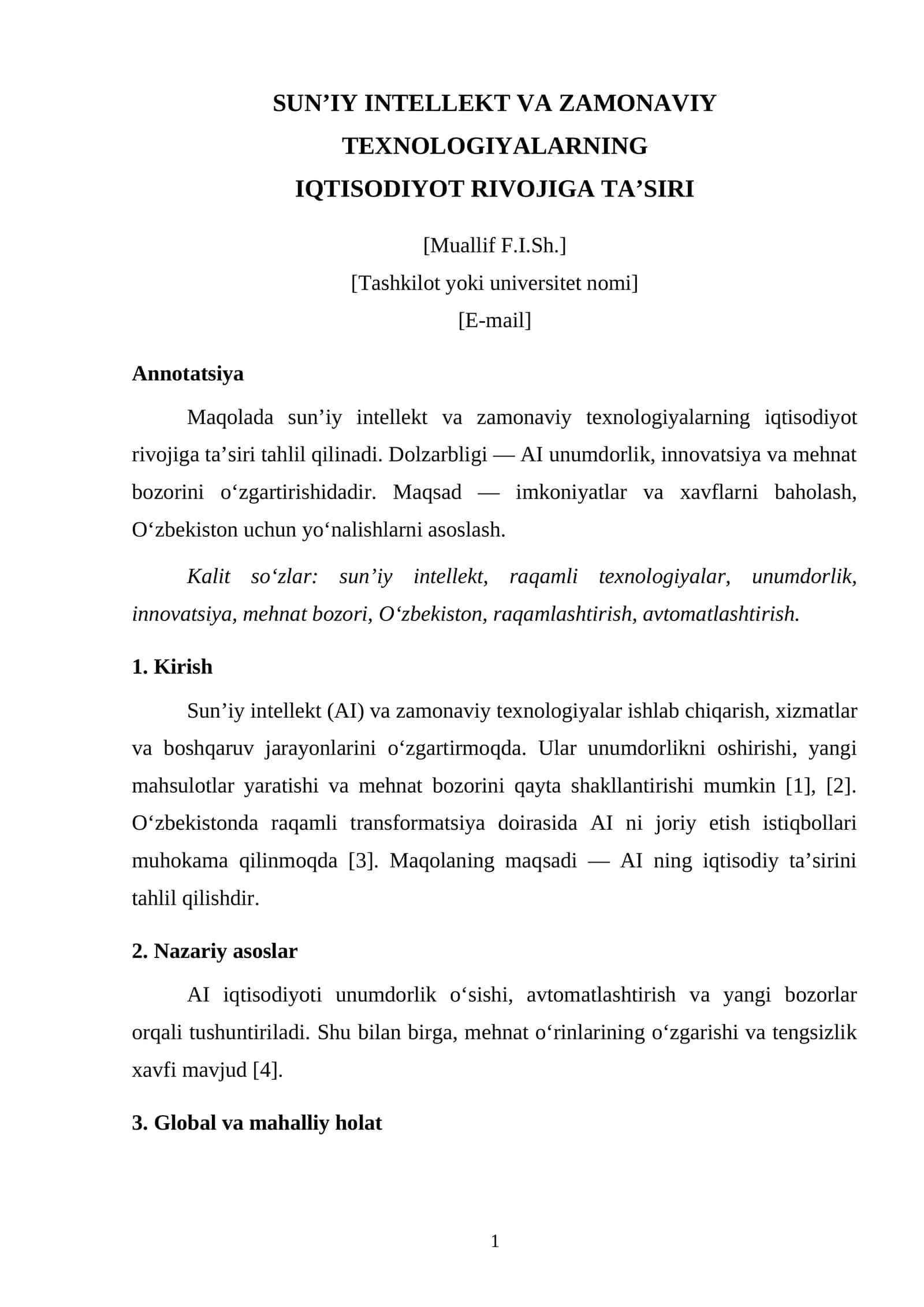 SUN’IY INTELLEKT VA ZAMONAVIY TEXNOLOGIYALARNING IQTISODIYOT RIVOJIGA TA’SIRI