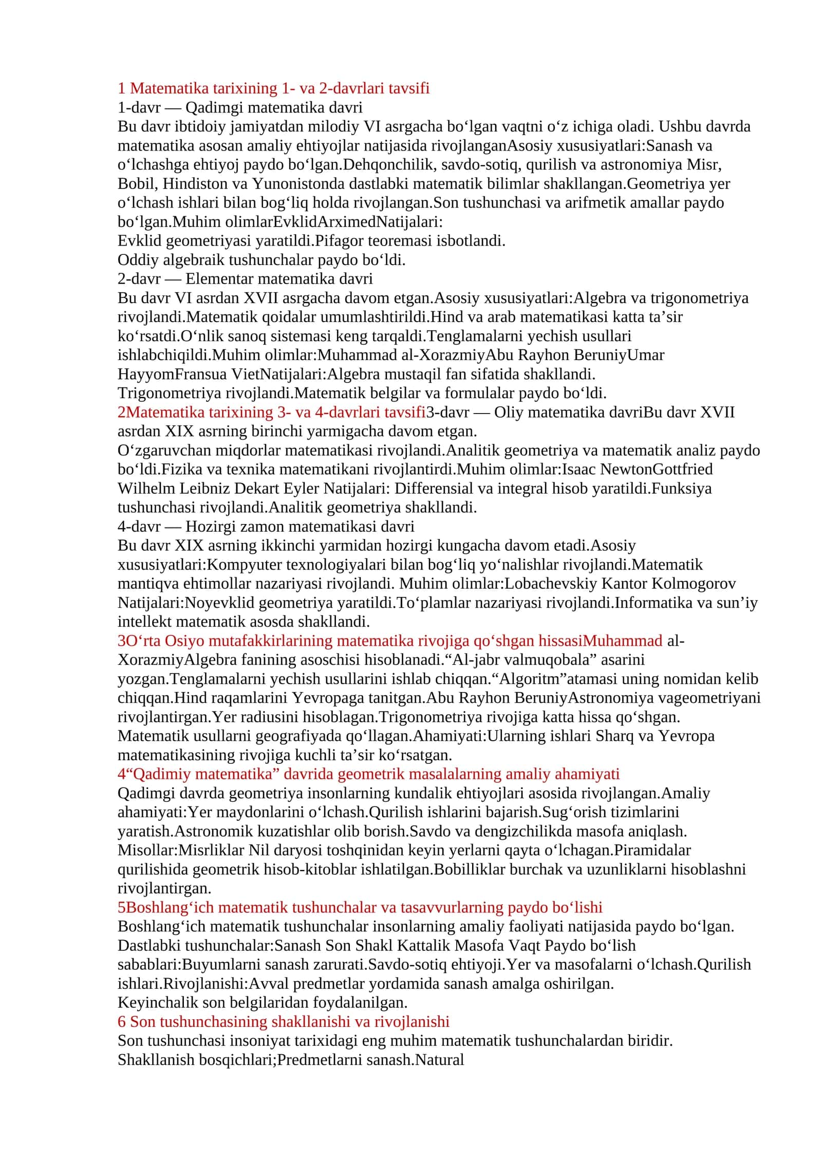 Matematika tarixining 1- va 2-davrlari tavsifi