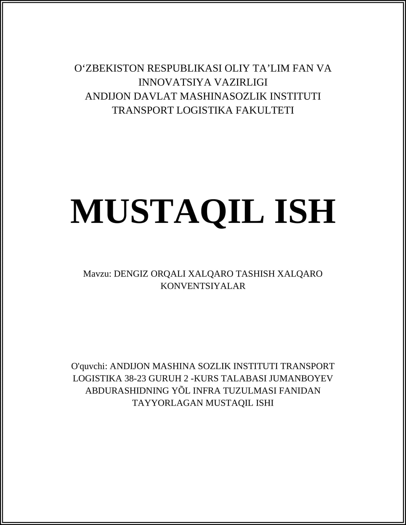 DENGIZ ORQALI XALQARO TASHISH XALQARO KONVENTSIYALAR