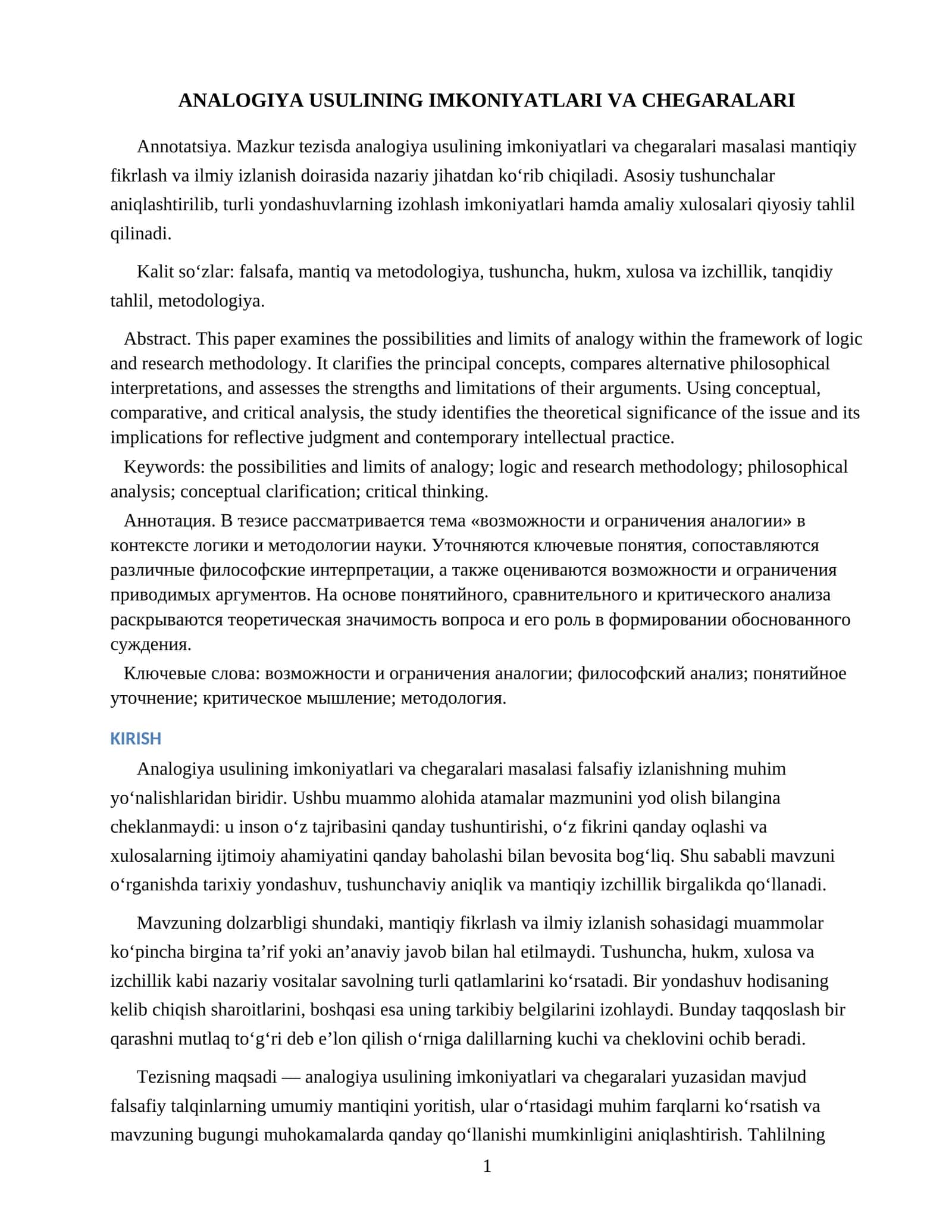 ANALOGIYA USULINING IMKONIYATLARI VA CHEGARALARI