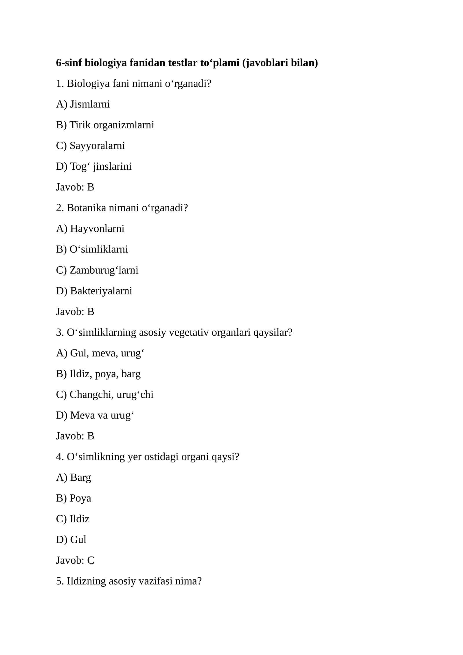 6-sinf biologiya fanidan testlar toʻplami (javoblari bilan)