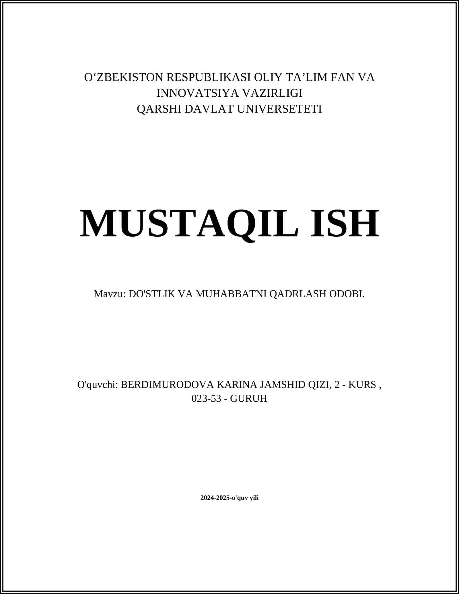 DO'STLIK VA MUHABBATNI QADRLASH ODOBI
