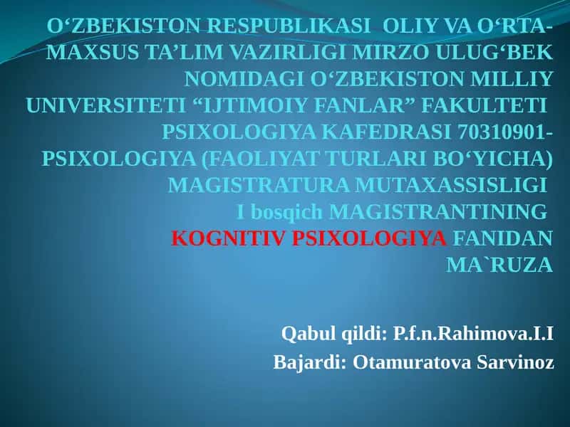 PSIXOLOGIYA (FAOLIYAT TURLARI BOʻYICHA) MAGISTRATURA MUTAXASSISLIGI