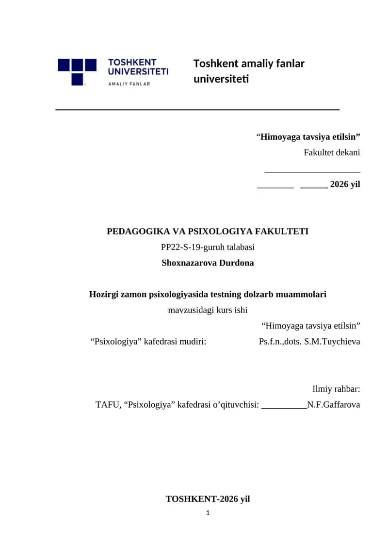 Hozirgi zamon psixologiyasida testning dolzarb muammolari