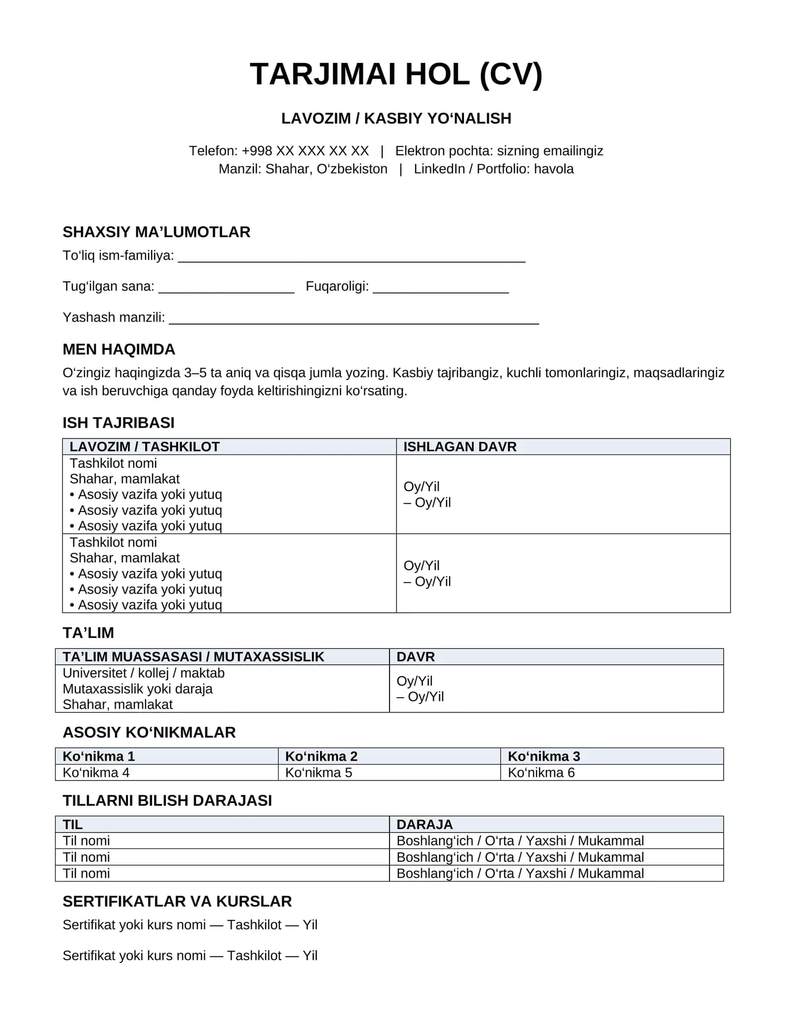 O‘zbek tilidagi zamonaviy CV va rezyume shabloni — Word formatida