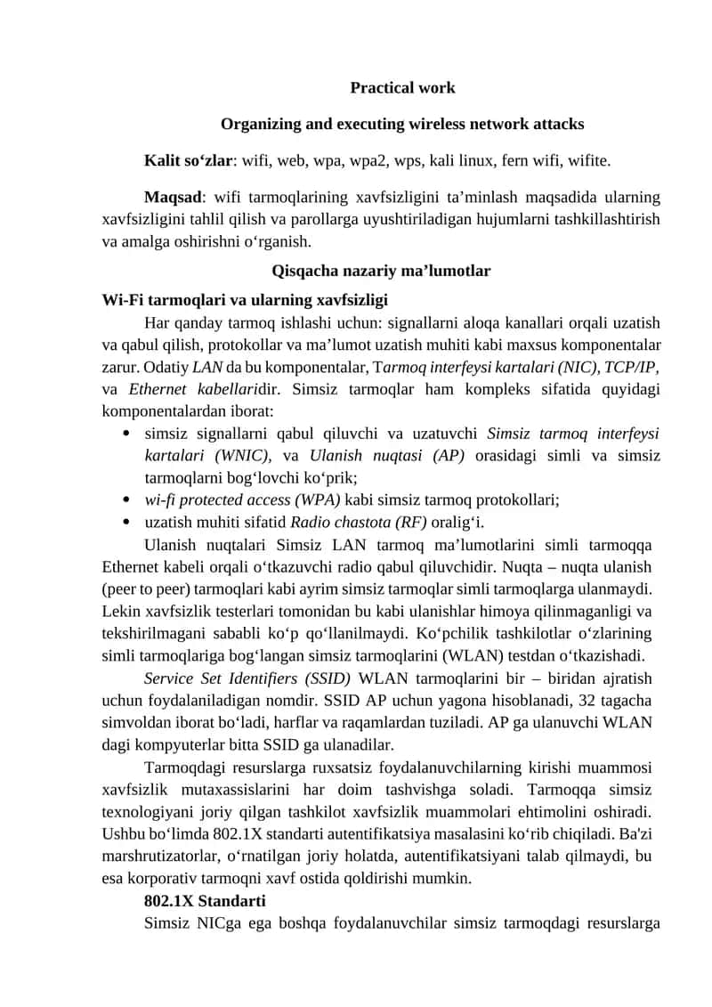 Practical work - Organizing and executing wireless network attacks