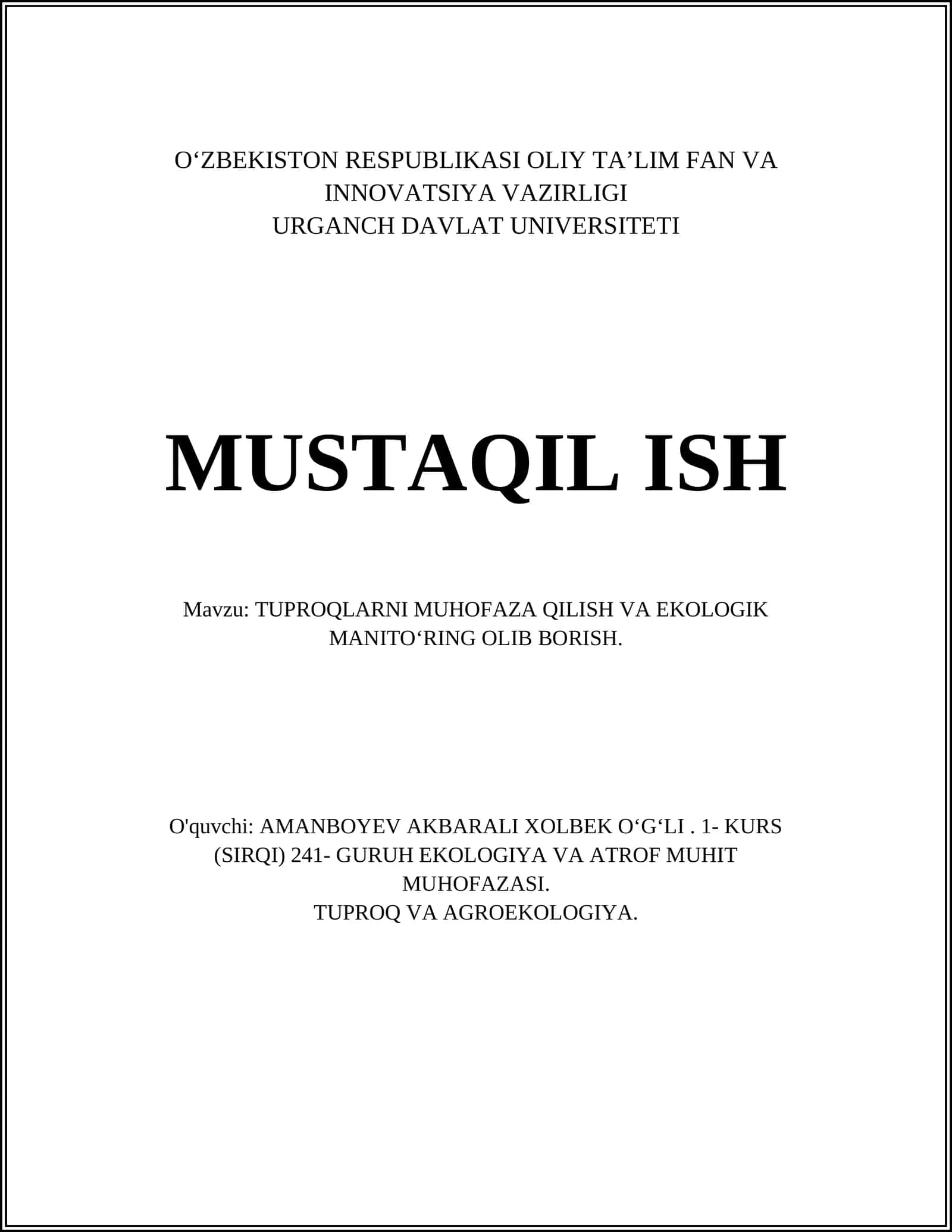 TUPROQLARNI MUHOFAZA QILISH VA EKOLOGIK MANITOʻRING