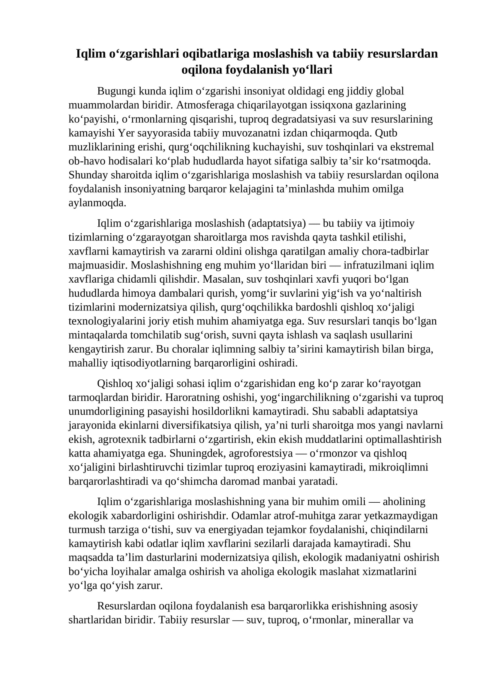 Iqlim o‘zgarishlari oqibatlariga moslashish va tabiiy resurslardan oqilona foydalanish yo‘llari