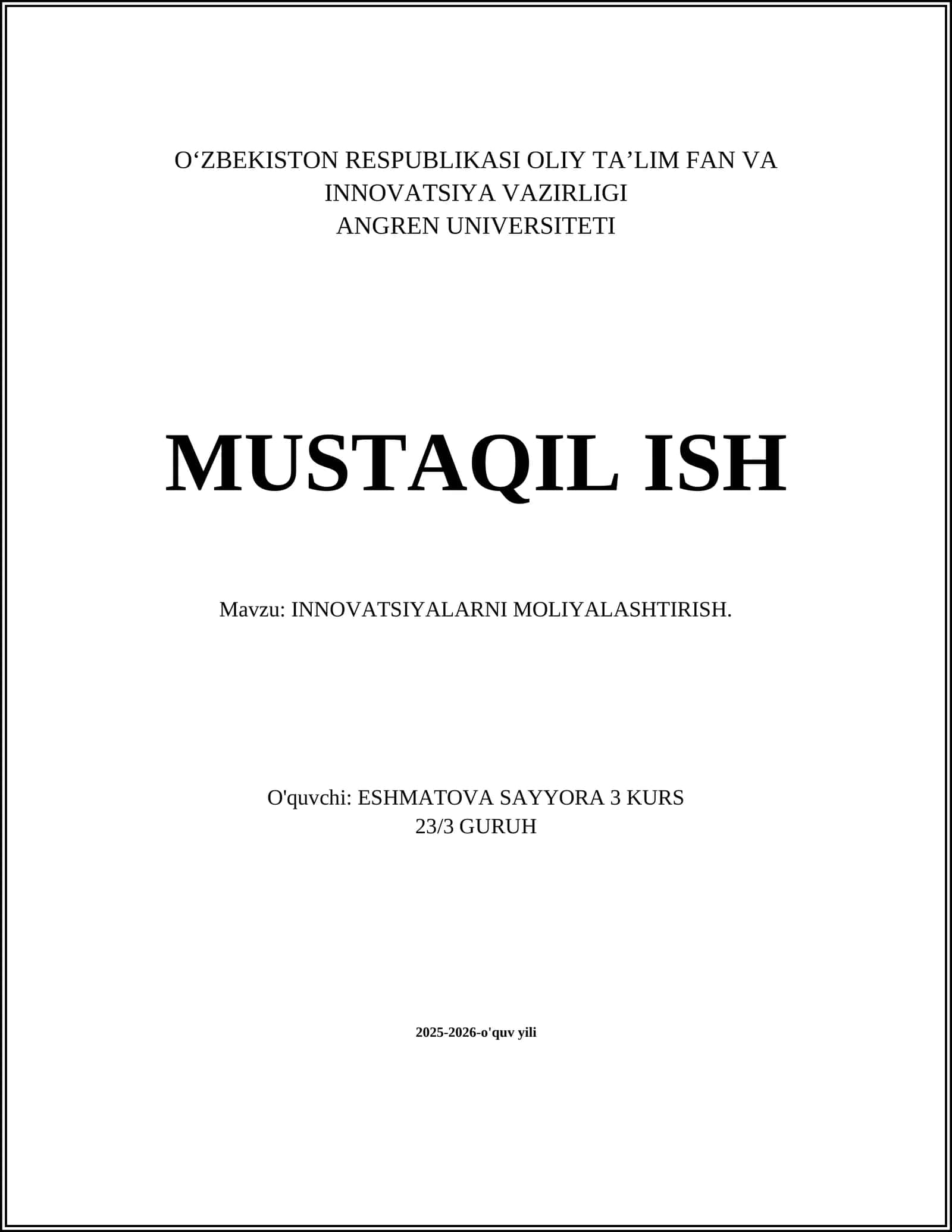 INNOVATSIYALARNI MOLIYALASHTIRISH