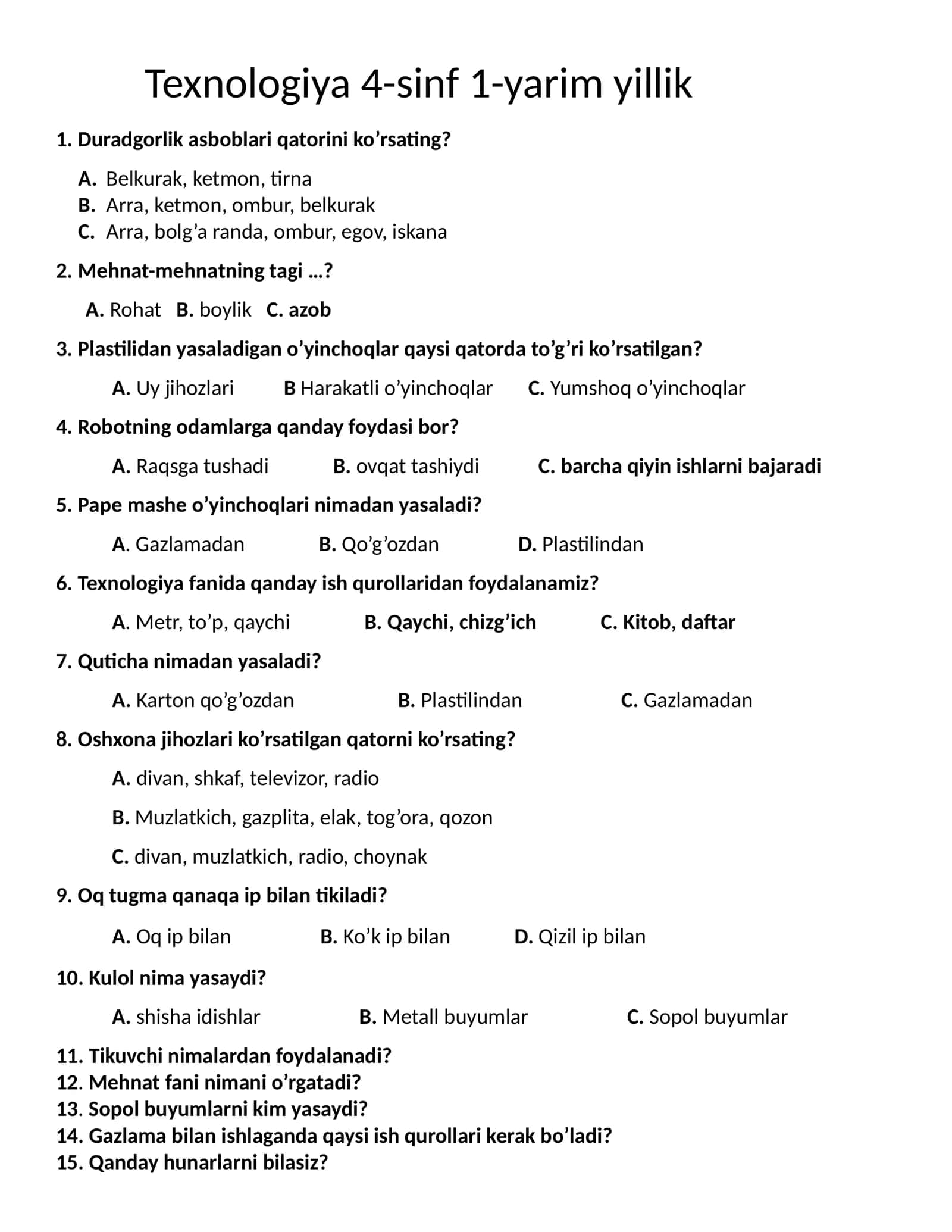 Texnologiya fanidan test 4-sinf 1-yarim yillik