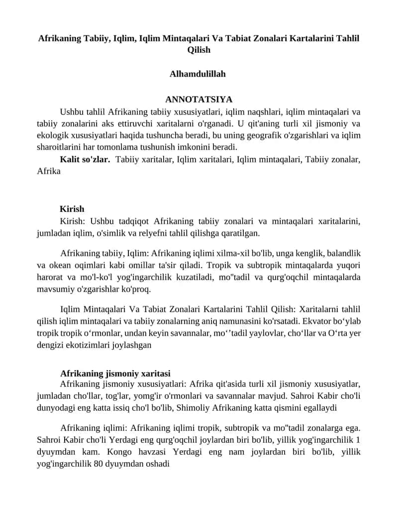 Afrikaning Tabiiy, Iqlim, Iqlim Mintaqalari Va Tabiat Zonalari Kartalarini Tahlil Qilish