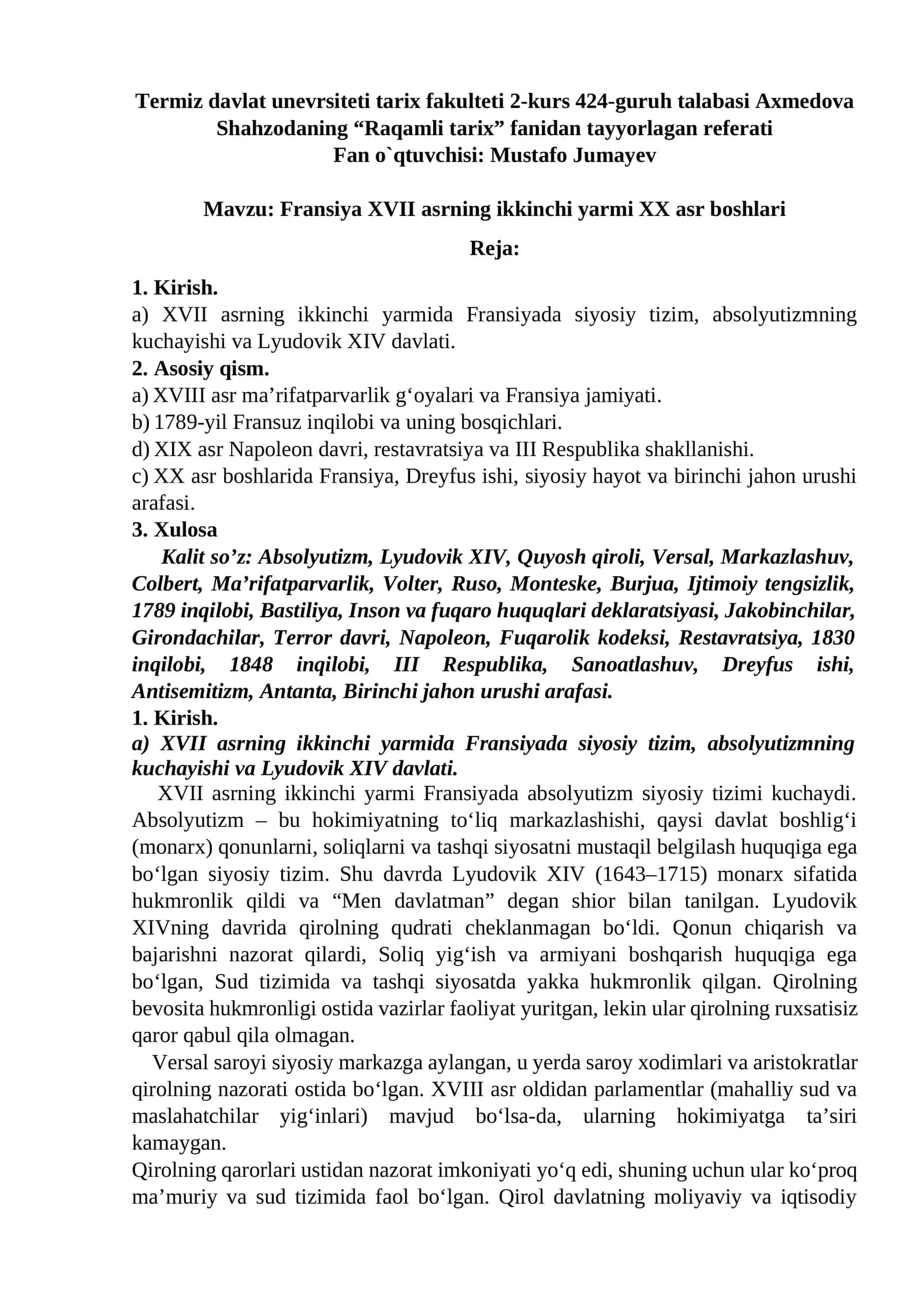 Fransiya XVII asrning ikkinchi yarmi XX asr boshlari