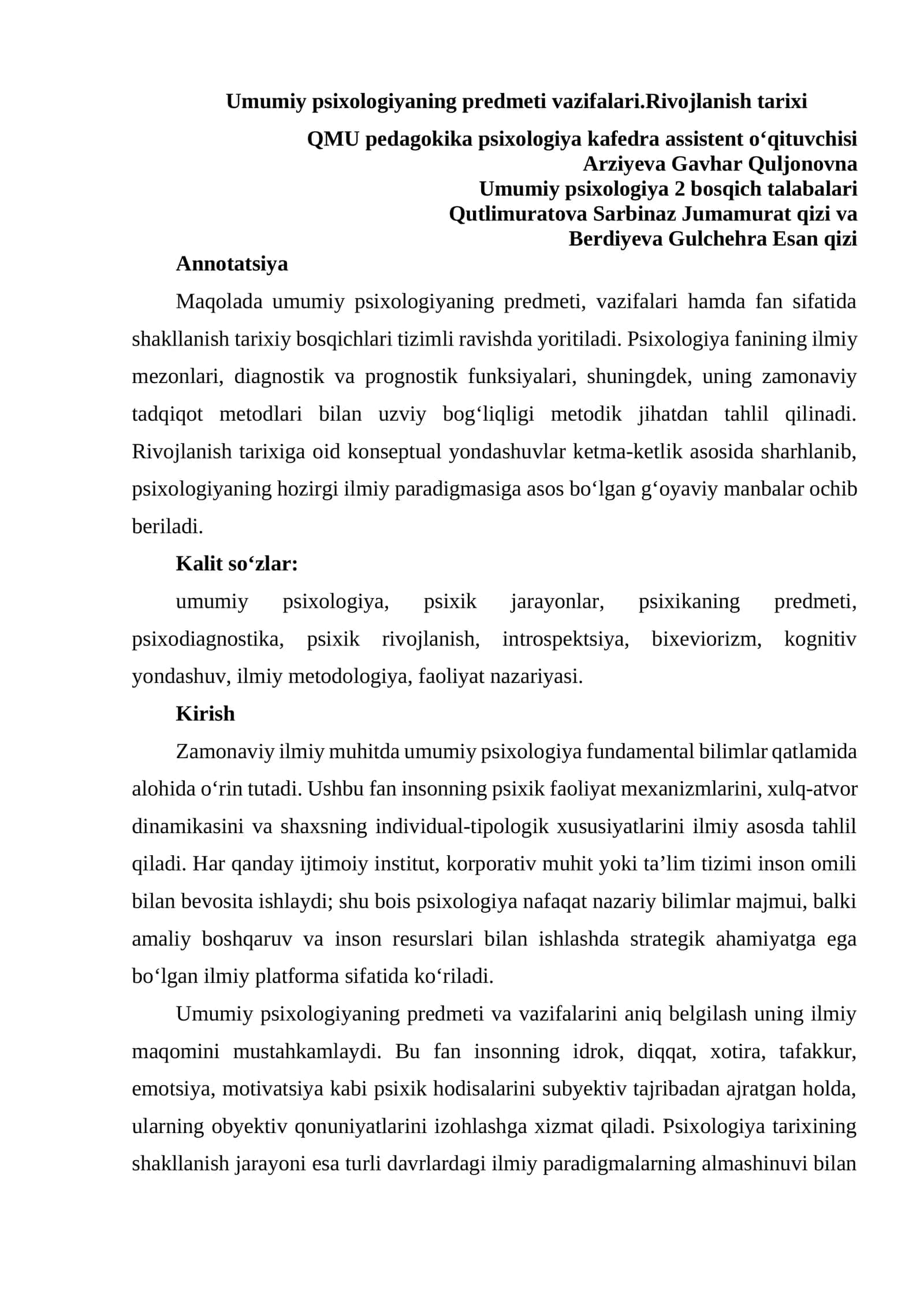 Umumiy psixologiyaning predmeti vazifalari.Rivojlanish tarixi