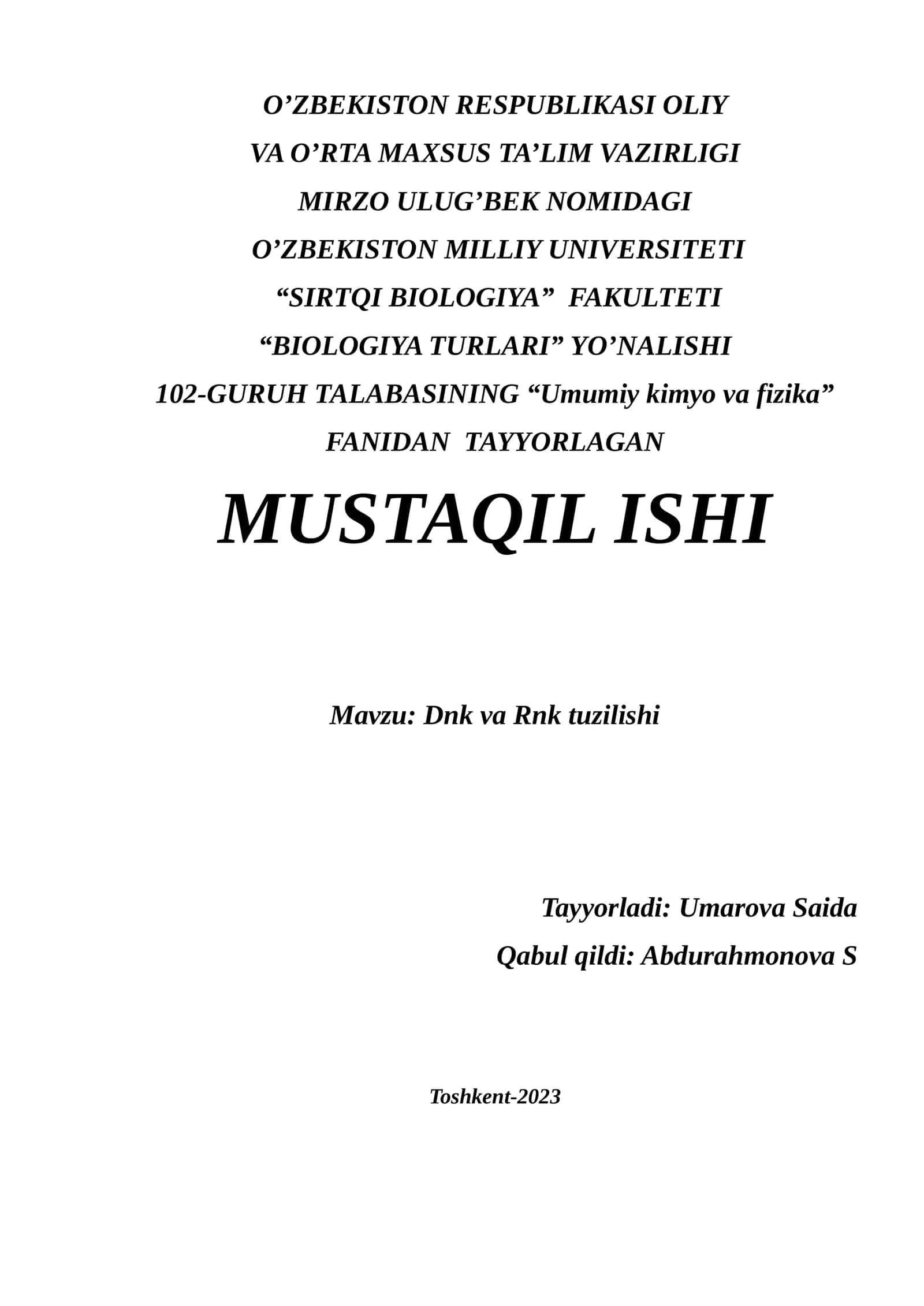 Dnk va Rnk tuzilishi
