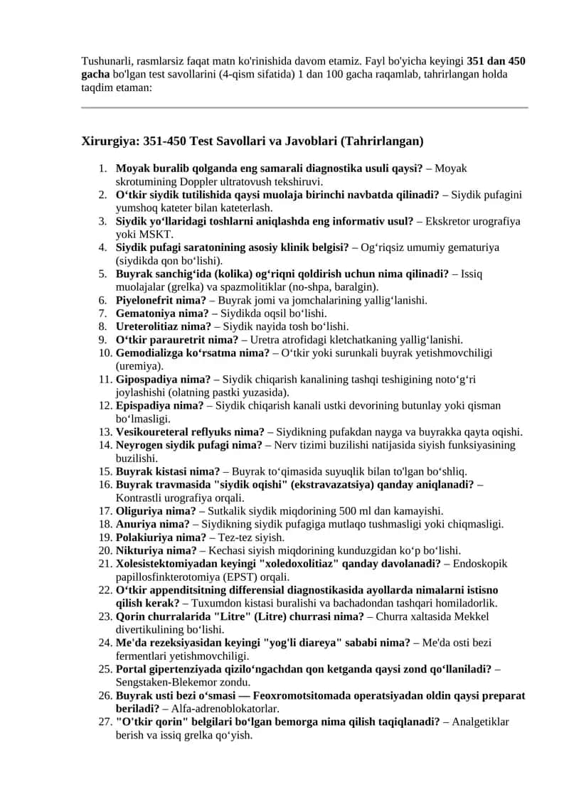 Xirurgiya: 351-450 Test Savollari va Javoblari 5-qism)