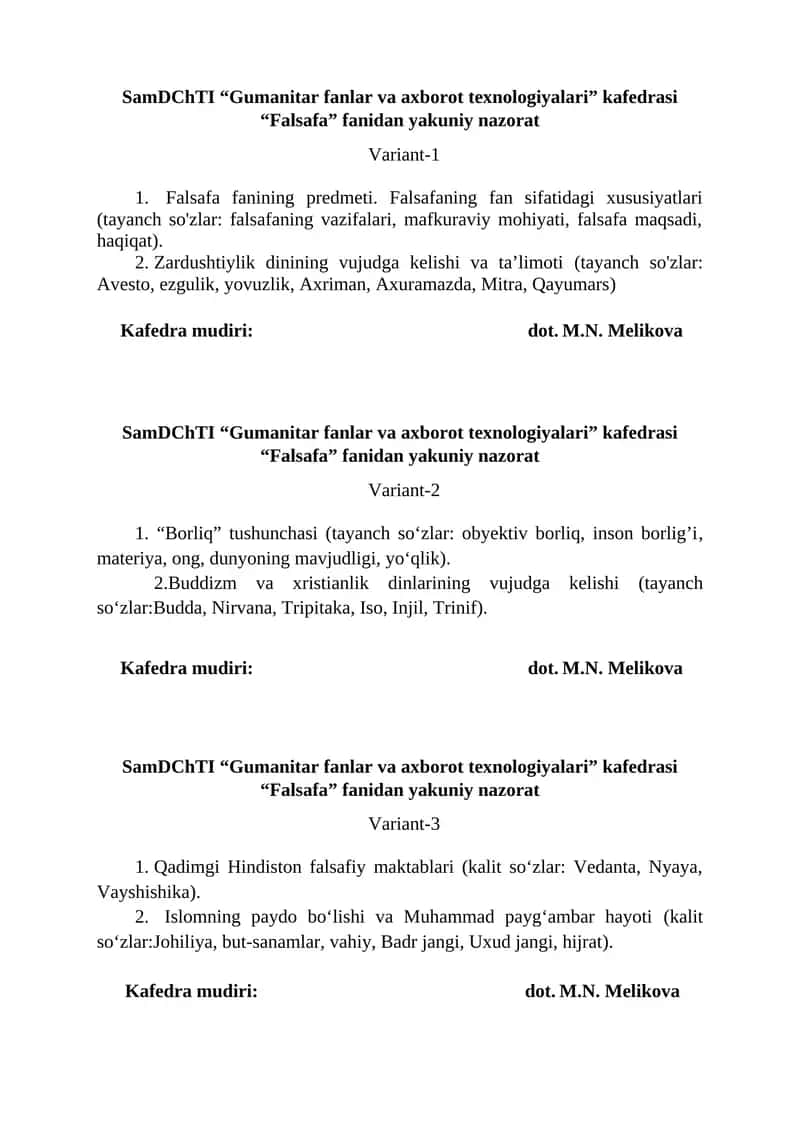 Falsafa Fanidan Yakuniy Nazorat