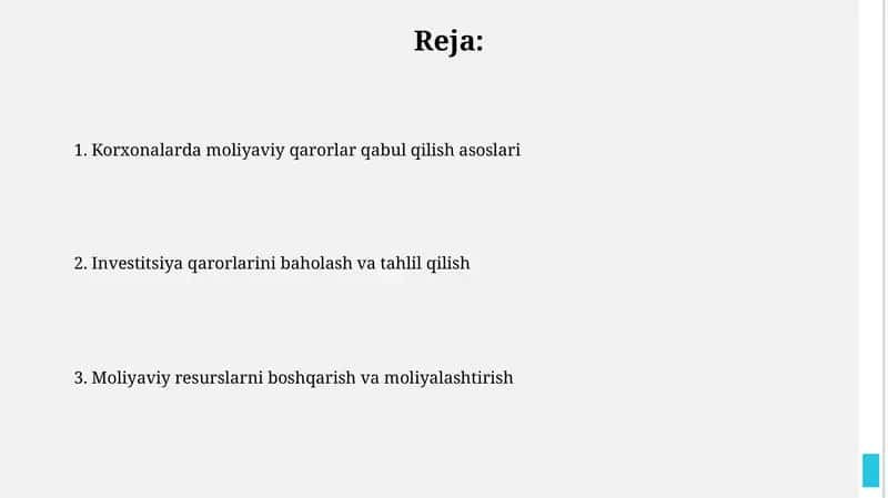 Korxonalarda moliyaviy qarorlar qabul qilish asoslari