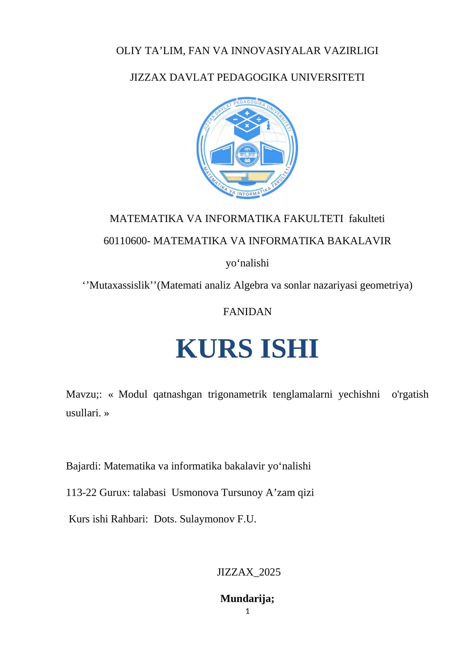 Modul qatnashgan trigonametrik tenglamalarni yechishni o'rgatish usullari