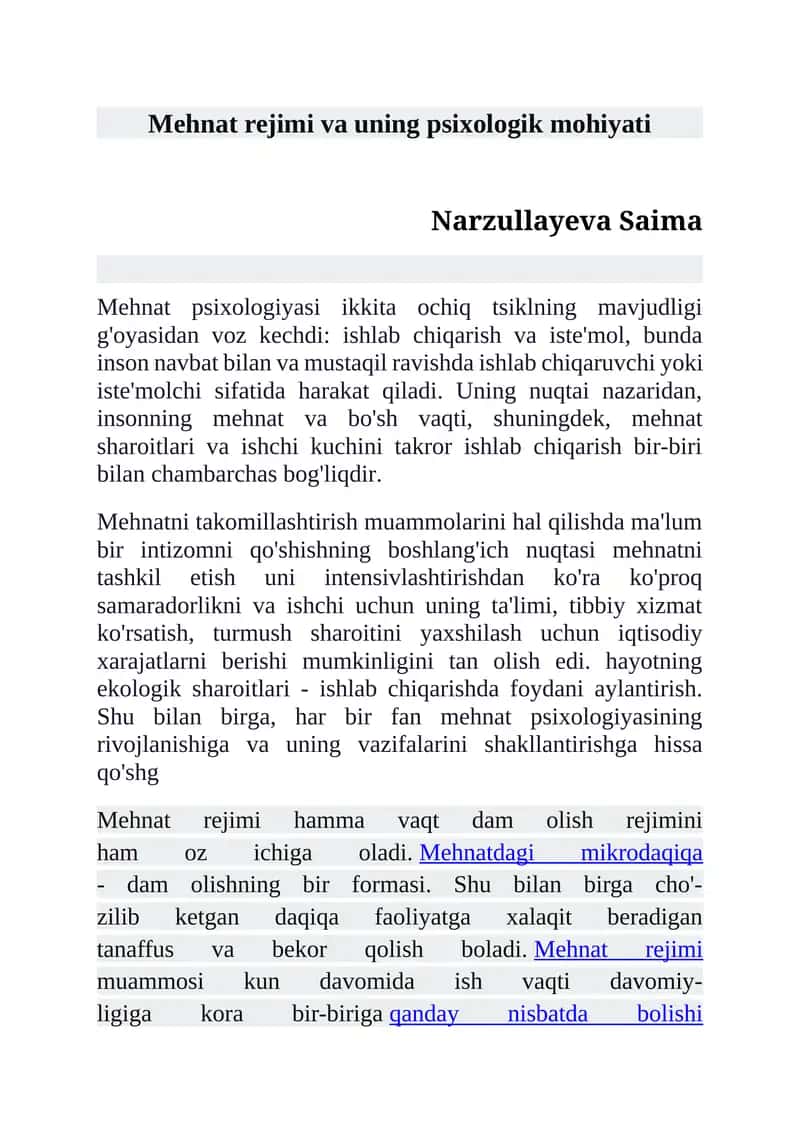 Mehnat rejimi va uning psixologik mohiyati